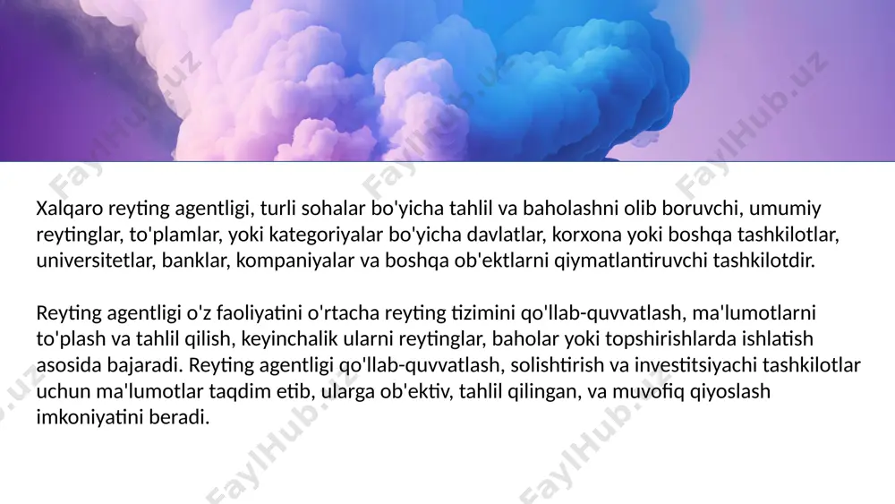 ersitetlar, davlatlar va boshqa ob'ektalar uchun bo'lishi mumkin va ularni moliyaviy tahlillarga asoslangan holda qat'iy va ob'ektiv baholash imkonini taqdim etad 7 3 reyting agentligi tashkilotlari tomonidan o'z navbatida topshirishlar, tanlovlar yoki moliyaviy tadqiqotlar amalga oshiriladi. bu tadbirlar xalqaro jamiyat uchun muhim bo'lgan moliyaviy va iqtisodiy tahlillar tuzilishiga yordam bera olishadi. reyting agentligi o'z faoliyati doirasida dunyo bo'ylab moliyaviy va iqtisodiy tendentsiyalarni identifikatsiya qilishadi. bu tendentsiyalar, moliyaviy bozorda kelib chiqadigan yangiliklar, investitsiya yo'nalishlari va boshqa iqtisodiy jarayonlarni o'rganishda yordam bera oladi. xalqaro reyting agentligi faoliyatlarida ob'ektivlik va transparensiyaga qo'yidagi diqqatga sazovor bo'lishi talab qilinadi. ma'lumotlarni o'z ichiga qo'llash, baholash va reytinglashda ob'ektivlikni ta'minlash, hamda tahlil va reyting natijalarini javobgarlik bilan taqdim etish agentliklar uchun muhimdir. 4. topshirish va tanlovlar: 5. dunyo bo'ylab moliyaviy va iqtisodiy tendentsiyalarni izlash: 6. ob'ektivlik va transparensiya: 8 xalqaro reyting agentliklari moliyaviy tahlil va baholashni amalga oshirish uchun bir nechta kriteriyalarni qo'llaydilar. bu kriteriyalar o'rtasida mamlakat …