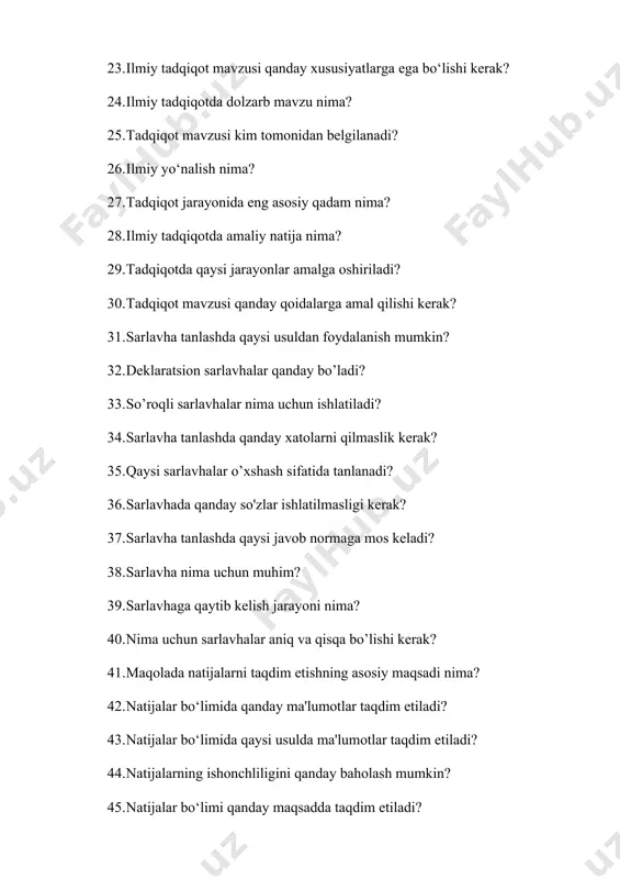 di nima? 42. natijalar bo‘limida qanday ma'lumotlar taqdim etiladi? 43. natijalar bo‘limida qaysi usulda ma'lumotlar taqdim etiladi? 44. natijalarning ishonchliligini qanday baholash mumkin? 45. natijalar bo‘limi qanday maqsadda taqdim etiladi? 46. natijalar bo‘limida qanday elementlar bo'lishi mumkin? 47. natijalarni taqdim etishda nima eng muhim rol o‘ynaydi? 48. natijalarni taqdim etishda qanday formatlar ishlatiladi? 49. maqolada natijalar bo‘limidan keyin qaysi bo‘lim keltiriladi? 50. natijalarning xulosalari qanday taqdim etiladi? 51. annotatsiya qanday maqsadni ko'zlaydi? 52. abstrakt hajmi qanday bo‘lishi kerak? 53. annotatsiya qanday ma'lumotlarni o'z ichiga olishi kerak? 54. kirish qismida qanday asosiy muammolarni yoritish kerak? 55. kirish qismida tadqiqot maqsadlari qanday ifodalanishi kerak? 56. annotatsiyada ma'lumotlar qanday ko'rinishda berilishi kerak? 57. kirish qismida muallif nima haqida gapirishi kerak? 58. annotatsiyada kalit so'zlar qanday tanlanishi kerak? 59. kirish bo‘limida nimani yoritish muhim? 60. qaysi bosqich turli tadqiqotlardan ma'lumot sintezi jarayonida birinchi hisoblanadi? 61. ilmiy maqolalarni qidirishda qaysi resursdan foydalanish kerak? 62. ilmiy …