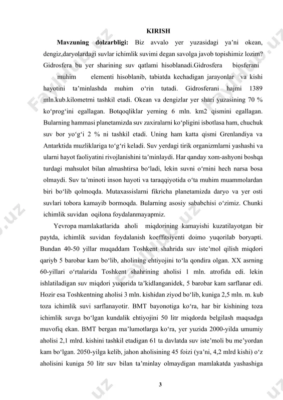 bu koʻrsatkich 1136 litrga koʻtariladi. bundan shu xulosa kelib chiqadiki, mamlakatning ijtimoiy-iqtisodiy taraqqiyot darajasi toza ichimlik suviga boʻlgan ehtiyojni belgilab beruvchi omilga aylanadi, yaʼni mamlakatning ijtimoiy-iqtisodiy rivojlanish darajasi qanchalik yuqori boʻlsa, suvdan oqilona foydalanish usullari darajasi ham yuksaladi. suvdan foydalanishning ilgʻor texnologiyalari ishlab chiqiladi va uni hayotga tatbiq etish imkoniyatlari ham ochila boradi. toza ichimlik suvidan foydalanish madaniyatining susayishi sanoat ishlab chiqarish taraqqiyotiga ham toʻsiq boʻlib qolmoqda, shu bilan birga, dehqonchilik madaniyati vujudga kelgan davrdan boshlab, ekin ekilgan hosildor erlarning ham yaroqsiz holga kelishiga sabab boʻlmoqda. ayniqsa, bu achinarli holat orol boʻyi mintaqasida oʻzining salbiy natijasini koʻrsatmoqda. chuchuk suvning yetishmasligi oqibatida bir necha oʻn ming gektarlab er maydonlari shoʻrlangan, ekin maydonlarining ancha qismi zaharli kimyoviy moddalarga toʻyinishi oqibatida hosildorlik bir necha barobarga kamayib ketgan. toza ichimlik suvidan, ayniqsa toshkentdek shahri azimda oqilona foydalanishning usullaridan biri - tomorqa erlarini, istirohat bogʻlarini, koʻcha boʻyidagi dov - daraxtlar va koʻkatlarni sugʻorish shoxobchalarini kengaytirish …
