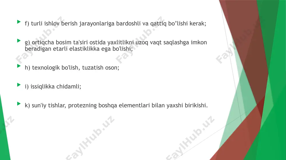 . qayta ishlashga(pochinka) yaxshi javob beradi, yorilish va egilish ta'siriga nisbatan yuqori qarshilikka ega. plastmassa kerakli miqdorda, chinni idishga yoki stakanga quyilgan plastmassaning o'lchangan miqdordagi suyuqligiga o’lchangan miqdorda kukun solinadi. ko'pincha ular buning aksini qilishadi, 1 protez uchun 15 g plastmassa kukunini tishlarning to'liq yo'qligida yoki protez tarkibidagi tishlar va bir grammgacha ko'p gramm kukuni solinadi. suyuqlik erkin quruq kukun qolmaguncha tomchilab qo'shiladi. plastmassa yaxshilab aralashtiriladi va qopqoq bilan yopilib, tindirishga qo’yiladi. plastmassa aralashtirilgandan so'ng darhol qotish boshlanadi. namlangan qumga o'xshash massadan u yopishqoq massaga aylanadi, tortiladi (ingichka ipsimon massa), keyin yopishqoqligini yo'qotadi-xamirga aylanadi. biroz vaqt o'tgach, maqsadga muvofiq foydalanilmagan plastmassa kauchukka aylanadi va nihoyat qattiqlashadi. bu o'zgarishlarning barchasi ko'plab omillarga bog'liq: chang granulalarining kattaligi, plastifikatorning mavjudligi, kukun va suyuqlik nisbati, harorat va plastmassani qolipga shakllantirishning (joylashtirishning) ikkita usuli mavjud: 1) quyish usuli- mum eritilgandan keyin bo'sh bo'lgan yopiq joyga bosim bilan suyuq suyuqlikda, sovutilgan holatda kiritish; 2) kompression usuli-plastmassa …