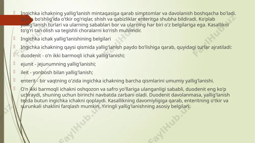 nkali holatga aylangan bo'lsa, unda odamda quyidagi alomatlar paydo bo'lishi mumkin: qorinda, ayniqsa yo'g'on ichakda kramp og'rig'i; ishtahaning etishmasligi; ko'ngil aynishi; umumiy zaiflik; almashinadigan ich qotishi va diareya; ichaklarda ovqat fermentatsiyasi tufayli shishiradi; dispepsiya; vazn yo'qotish. bundan tashqari, yo'g'on ichakning surunkali yallig'lanishi bilan bemorda shishiradi va gaz hosil bo'lishi kuchayadi. bunday holda, najas ko'pincha suyuq va muntazam bo'ladi (kuniga to'rt martagacha). ingichka ichakning yallig'lanishiga qanday munosabatda bo'lish mumkin? ushbu hodisa yomon oziqlanishdan kelib chiqsa, o'tkir ichak yallig'lanishini davolash talab qilinmaydi, u o'tkazilayotgan kasallikdan asorat bo'lib xizmat qiladi yoki stress bilan bog'liq. odatda, ogohlantiruvchi omil bartaraf etilganda, enterit o'z-o'zidan o'tadi. agar yallig'lanish infektsiyani keltirib chiqaradigan bo'lsa, antibakterial terapiya kerak, keyinchalik oddiy ichak mikroflorasini tiklaydigan dori-darmonlarni qabul qilish kerak. ba'zi hollarda kislotani kamaytirish uchun zararli vazifani bajaradigan planshetlar qo'llaniladi. yupqa ichakning yallig'lanishini davolovchi vositalar bilan davolash, shuningdek, eman daraxti, zig'ir urug'ini ham o'z ichiga oladi. ular tabiiy changni yutish vositalaridir. yalining yallig'lanishini …