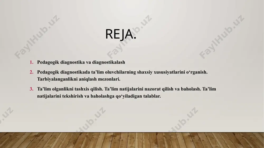 n obyektiv ma’lumotlarni to‘plash, yig‘ish, tahlil etish, pedagogik faoliyat samaradorligini oshirishdan iboratdir. pedagogik diagnostikaning o‘ziga xos farqlanuvchi xususiyatlaridan biri uning o‘ziga xos obyekti ya’ni-pedagogik jarayonning mavjudligidadir. pedagogik dignostika o‘quvchida yuz beradigan u yoki bu o‘zgarishlarning pedagogik jarayonga ta’sirini bashoratlash va hisobga olishni nazarda tutadi. shu sababli pedagogik diagnostikaning obyekti bo‘lib: o‘qituvchi, o‘quvchi, pedagogik faoliyat mazmuni, o‘qitish metodlari va vositalari, ta’lim jarayonini tashkil etish shakllari hamda pedagogik faoliyat natijalari hisoblanadi. professor j.g‘.yo‘ldoshev egallangan malakani aniqlashga qaratilgan pedagogik diagnostika yoki diagnostik faoliyatning ayrim jihatlarini quyidagicha tasnif etadi: 1) taqqoslash; 2) pedagogik tahlil; 3) avvaldan ayta bilish (prognoz); 4) interpritatsiya (o‘ziga xos talqin); 5) pedagogik diagnostika natijalarini o‘quvchilarga etkazib berish; 6) amalga oshirilgan turli diagnostik metodlarni o‘quvchilarga etkazish; 7) pedagogik diagnostika metodlarini to‘g‘ri tanlay olish. boshqaruv funksiyasi- o‘quvchilar jamoasini, o‘quvchi shaxsining rivojlanishini, tarbiya topganligini boshqarishda namoyon bo‘ladi. bu boshqaruv uch bosqichda olib boriladi: boshlang‘ich, korreksiyalovchi (joriy), umumlashtirilgan (yakuniy). sinf jamoasining ishini rejalashtirish va …