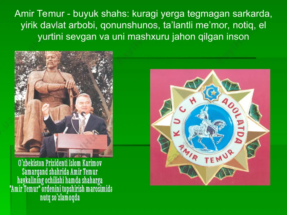 vqiron vafodor turmush o’rtoq. go`zal bir shahar keshda . temur bobom ko’pgina katta niyatlar qilib, o’gitlar yozgan edi: ismin qo’ydilar temur «odillik bilan ish tut» hamrohi bo’lsin doim ushbu so’zlarni derdi. tumori or va g’urur. bu o’gitlar qadimgi otasini ismini yo’llardan o’tib kelur, derlar amir tarag’ay dunyodangi yaxshi-yu temurbekday o’g’liga yomonga ibrat bo’lur. jang sirlarin o’rgatgay. bir kalmia, shirin so’z dunyodagi eng aziz qilichni qinga solur, onasi teginabegim, shirin so’ z esa doim shundayin buyuk zotga mushkilni oson qilur. doim ta’zimlar qilgan shu va boshqa ibratli temurni o’qitdilar , o’gitlarni bilamiz, bilim olsin deb u ham barcha o’gitlariga kelajakda notavon doim amal qilamiz. hech bo’lmasin deb befan 6 7 3 yillik o`sha vaqtda doimo. to’yingiz ekan bugun, tinimsiz kechar urush, tarixda qolgan sana unitimsc baxtli kun ona yurti ham keshda