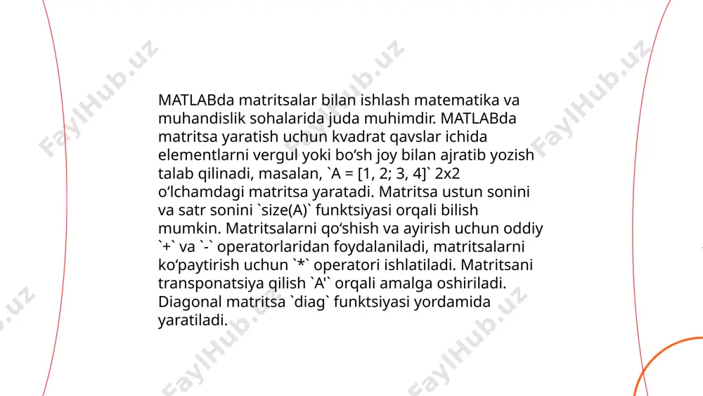 atlar yaratadi. shu kutubxonalar yordamida foydalanuvchilar matematik hisob-kitoblar, statistik tahlillar, signal va tasvirlarni qayta ishlash kabi vazifalarni bajarishlari mumkin. mathworks tomonidan taqdim etilgan bu kutubxonalar orasida symbolic math toolbox, image processing toolbox, signal processing toolbox va control system toolbox kabilar mavjud. har bir yuklangan kutubxona o'ziga xos funksiyalarga ega bo'lib, dasturchilarni kerakli hisoblash jarayonlarini soddalashtirishda qo'llab-quvvatlaydi. matlab kutubxonalari foydalanuvchilarga kod yozishni tezlashtirish va samaradorligini oshirish imkonini beradi. ... t.me/slaydai_bot 13. matlabda signalni qayta ishlash matlab - bu muhandislar va olimlar tomonidan keng qo'llaniladigan dasturiy vosita bo'lib, signalni qayta ishlash uchun juda foydali hisoblanadi. signalni qayta ishlashda matlab dastlabki tahlil va modellashtirish imkoniyatlarini taqdim etadi. dasturga kiritilgan signal processing toolbox bilan foydalanuvchilar signallarni filtrlash, fourier transformatsiyalari, vaqt-qatorli tahlillar kabi bir qator vazifalarni bajarishi mumkin. matlabda signalni qayta ishlash jarayonlari odatda mintakatlar, chastotalar yoki amplitudalar bo'yicha amalga oshiriladi. discrete fourier transform (dft) va fast fourier transform (fft) matlabda chastota tahlili uchun keng …