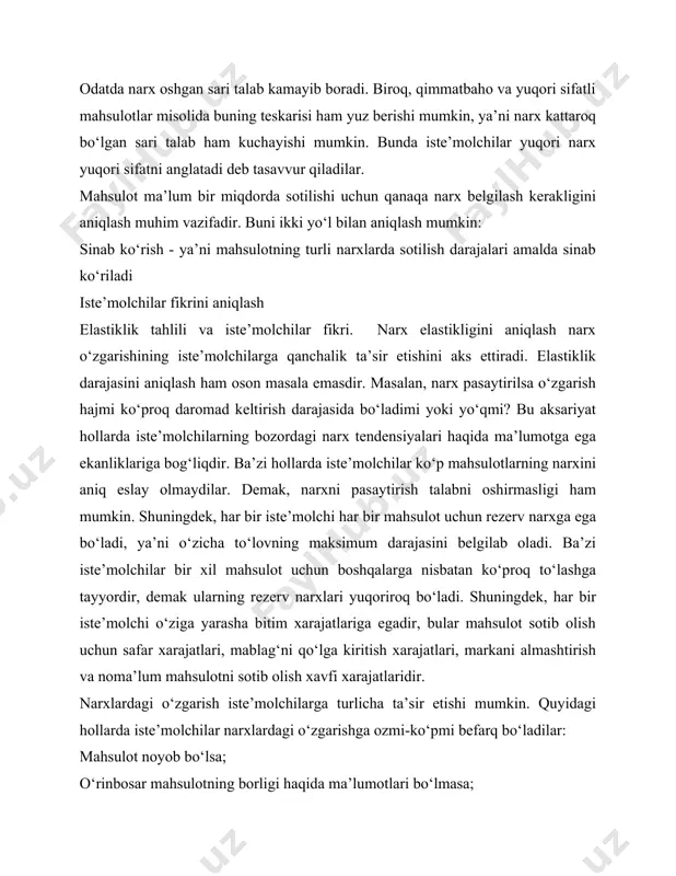 ‘pmi befarq bo‘ladilar: mahsulot noyob bo‘lsa; o‘rinbosar mahsulotning borligi haqida ma’lumotlari bo‘lmasa; mahsulotlarni narx asosida taqqoslashning iloji bo‘lmasa; narx qiymatining umumiy daromadga nisbati juda kichik bo‘lsa; narx mahsulotning umumiy pirovard xarajatlariga nisbatan juda kichik bo‘lsa; xarajatlarning bir qismi sheriklar tomonidan qoplansa; mahsulotning bir bo‘lagi allaqachon sotib olingan bo‘lsa; mahsulot yuqori sifatli, obro‘li va eksklyuziv bo‘lsa; iste’molchilar mahsulotni saqlashga imkoniyatlari bo‘lmasa. xarajatlarning narxga ta’siri firmaning narx belgilashda tayanadigan ko‘rsatkich - xarajatlarni qoplashdir. foyda darajasi esa keyinchalik xarajatlar ustiga qo‘shiladi. biroq, bu jarayon shu darajada oddiy emasdir. birinchi navbatda umumiy xarajatlar aniqlanilib, keyin esa mahsulotlar assortimenti bo‘yicha taqsimlaniladi. ko‘p hollarda xarajatlar subsidiyasi amalga oshiriladi, ya’ni katta xarajatli mahsulotlar boshqa mahsulotlar hisobiga qoplanadi. narx o‘rnatish teskari yo‘nalishda ham bo‘lishi mumkin, yangi mahsulot chiqarayotgan firma avvalo, bozorda qanaqa narx muvaffaqiyatli bo‘lishini aniqlaydi va qancha foyda olish kerakligini belgilaydi. keyin esa qolgan summaga yarasha xarajatlarni rejalashtiradi. xarajatlar darajasiga xom ashyo va yarim fabrikatlar ta’minotini tashkil …