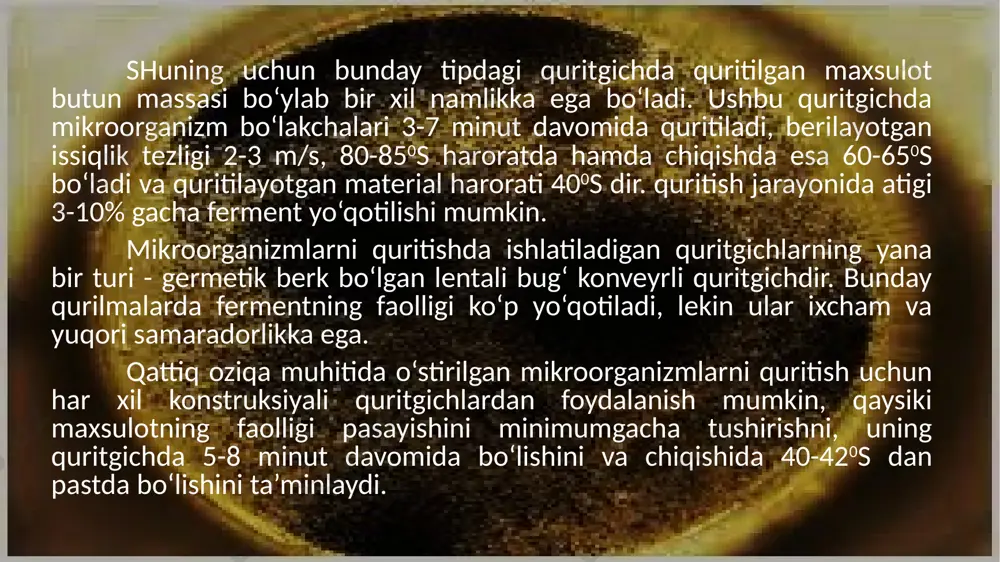 tlarni olish uchun ular maydalanib qilinib, hujayra devorlari mexanik yoki avtomatik holda buzilib, ekstraksiya jarayoniga jalb qilinadi. bu usulda ham ho‘l holdagi, ham quruq holdagi mikroorganizmdan ferment eritmasini olish mumkin. biomassadan ferment ekstraksiyasini to‘liq amalga oshirish uchun: harrorat, rn, jarayon davomiyligi, ekstraksiya uskunasining konstruktiv xususiyatlari, ajratilayotgan ferment tabiati va boshqa bir qancha omillarga bog‘liq. bu omillar har bir produtsent misolida alohida tadqiqotlar yordamida aniqlanadi va tavsiya etiladi. masalan, harorat ekstraksiya jarayoniga katta ta’sir ko‘rsatadi, ya’ni juda ko‘p fermentlar termolabil bo‘lib, hattoki, 35-400s da inaktivatsiyaga uchraydi. shuning uchun zavod sharoitida iloji boricha suvning harorati 22-250s da ushlab turiladi va har xil mikroflora o‘smasligi uchun antiseptiklardan (formalin, benzol, toluol, xloroform va h.k) foydalaniladi. ko‘pchilik hollarda fermentlarni rn 5-7 ko‘rsatkichida to‘liq ajratib olish mumkin. bioshrot bilan fermentlarning kam isrofgarchiligi asosida quyuqlashtirilgan ekstraktlar olish uchun maxsus ekstraksiya uskunalarini ishlatish darkor. yaqingacha diffuziyali batareyalar keng ko‘lamda ishlatilar edi. bu qurilmada ekstraksiya qilingan mikroorganizm fermenti nisbatan …