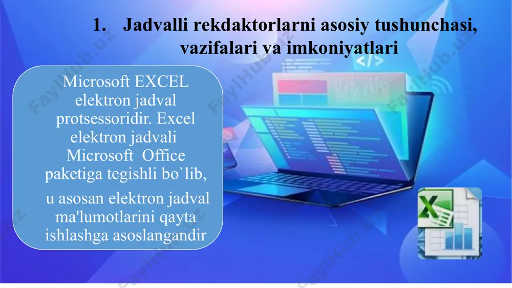 oft excel menyulari: glavnaya – bu menyu ms word va power point menyulari bilan deyarli bir xil. shriftni o’zgartirish, yacheykalarni formatlash, manashu dokumentda kerakli narsalarni izlashimiz, yangi satr, qator va yacheykani o’chirish yoki yangi yacheyka qo’shishimiz, mumkin. vstavka – bu menyuda tablitsa, gipersilka, rasm, figuralar, turli diаgrammalar, gistogramma, grafiklarni sahifaga joylashtirishimiz mumkin. razmetka stranitsi – ushbu menyuda sarlovhaga tema tanlashimiz, yacheykalar katta kichikligini belgilashimiz, sahifani kitob yoki albom ko’rinishida qilishimiz mumkin. formuli – bu menyuda turli xil formulalarni qo’yishimiz mumkin. bundan tashqari funksiyalar ya’ni, master funksiya ham shu menyuda joylashgan. bu menyu funksiya kutubxonasi hisoblanadi. danniye – menyusida sahifadagi matnni sartirofka va filtr qilishimiz mumkin. tashqaridan ma’lumot olish yoki berish, struktura tuzishimiz, matnni stolbiklarga joylashtirishimiz mumkin. retsenzirovaniye – menyusida to’g’ri yozishni, tarjima qilishimiz, o’zgartirishlar kiritishimiz, yangi sahifa ochishimiz mumkin. sahifa va listni quluflab qo’yishimiz mumkin. vid – ushbu menyu orqali yangi ekran ochishimiz, yozuvlarni yaqinlashtirishimiz, saqlashimiz, ekranni ko’rish rejimini o’zgartirishimiz, …