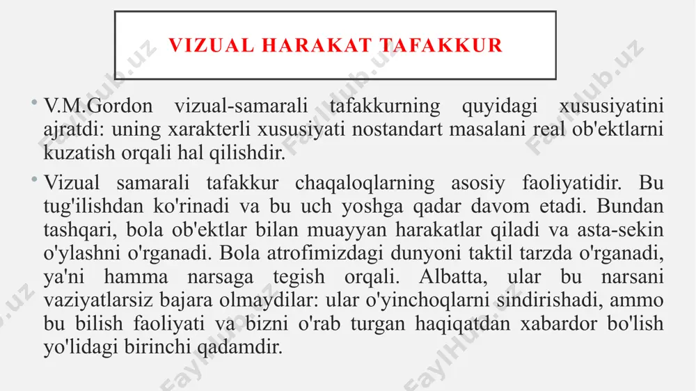 rda bolaning atrofidagi dunyo bilan pertseptiv va motorli o'zaro ta'sirlar asosan sodir bo'ladi. biroq, rivojlanish tug'ma reflekslar bilan cheklangan, chunki bola hali mantiqiy va oqilona tafakkurga qodir emas. piagening yondashuvi - operativ tafakkur davri (2-7 yil). ushbu davrda harakatlarga o'tish mavjud. bolada obrazlarda tafakkur rivojlanadi, nutq shakllanadi, ob'ektlar bilan tashqi harakatlar yordamida tajriba orttirish jarayoni sodir bo'ladi. - ob'ektlar bilan aniq operatsiyalar davri (7-11 yil). bolaning dunyo haqidagi tasavvurlari bitta obrazda shakllana boshlaydi. har qanday aqliy operatsiyalar qaytarilmas holga keladi. - rasmiy operatsiyalar davri (11-15 yil). bola endi ongida operatsiyalarni bajara oladi, mantiqiy fikr yurita oladi, mantiqiy tushunchalardan foydalanadi. vigotskiyning yondashuvi vigotskiyning fikricha, bolaning kontseptual to'plamining shakllanishi tafakkurni shakllantirish jarayoniga eng katta ta'sir ko'rsatadi. biroq, tushunchalar bolaga tug'ilganda berilmaydi, bu psixologiyada umumiy e'tirof etilgan haqiqatdir. xo'sh, kontseptual apparatning shakllanishi qanday sodir bo'ladi? rus psixologlarining fikricha, tushunchalarning shakllanishi uzoq, murakkab va faol aqliy faoliyat natijasi, ularning tafakkur jarayonining natijasidir. ko'p tajribalar …