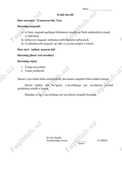8-sinf ona tili 12-nazorat ishi. test. — DOC