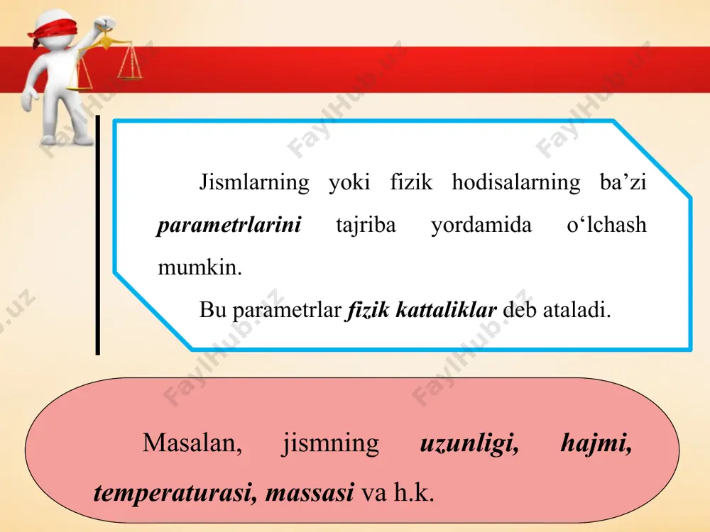 ik namunasi platina-iridiy qotishmasi (ikkita modda aralashmasi)dan yasalgan bo‘lib, fransiyada saqlanadi 3-rasm. kundalik turmushda uzunligi metrdan ancha katta yoki undan ancha kichik bo‘lgan jismlar uchraydi. masalan, suvda yashaydigan infuzoriya deb ataluvchi juda kichik jonivorning uzunligi 0,0002 m ga teng bo‘lsa, yer ekvatorining uzunligi 40075696 m. bu kattaliklarni metrlarda ifodalash noqulay bo‘lganligidan, metrga nisbatan 10, 100 va h.k. marta kichik (ularni ulushlari deyiladi), hamda metrga nisbatan 10, 100 va h.k. marta katta (ularni karrali deyiladi) birliklardan foydalaniladi. masalan, metrga nisbatan 1000 marta katta bo‘lgan birlikni 1 kilometr deyiladi. bunda «kilometr» nomida paydo bo‘lgan «kilo» qo‘shimchasi bir kattalikning ikkinchi kattalikdan necha marta katta ekanligini ko‘rsatadi. metrlarda ifodalangan kattalikni santimetrlarda ifodalash uchun uning qiymatini 100 ga ko‘paytirish kerak. bu holda 100 soni ko‘paytiruvchi deyiladi. metrga nisbatan 1000 marta kichik bo‘lgan birlikni – millimetr, million marta kichik bo‘lgan birlikni – mikrometr yoki qisqacha – mikron, milliard marta kichik bo‘lsa – nanometr deyiladi. agar ikkita …