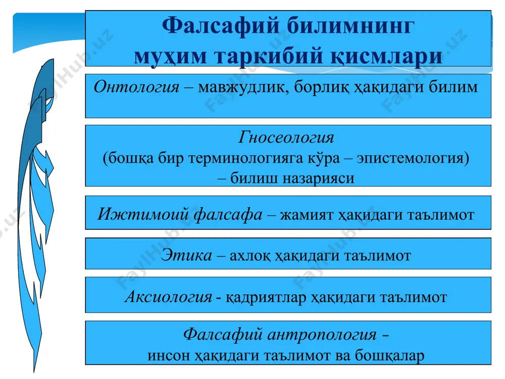 на рамзий, деб тан олишган). деистлар, шунингдек, материяни руҳий деб ҳисоблашган ва материя билан руҳни бир-бирига қарама-қарши қўйишмаган. * фалсафа асосий масаласининг гносеологик жиҳати эмпиризм – асосчиси ф.бэкон, эмпиристлар билимнинг асосида фақат тажриба ва ҳиссий туйғулар ётади, онгда тажрибадан олдин ҳеч нарса мавжуд эмас, деган фикрни илгари суради. рацонализм – асосчиси р.декарт, рационалистлар ҳақиқий (ишончли) билим фақатгина онгдан келтириб чиқарилган бўлиши керак ва билим ҳиссий тажрибага боғлиқ эмас, деган фикрни илгари суради. иррационализм – асосчилари ф.ницше, а.шопенгауэр, иррационалистларнинг фикрича, рационалист- ларнинг фикрлари ички мантиққа эга эмас, шунинг учун ҳақиқий билимни фақат ақл билан тўла тушунтириб бўлмайди. гностицизм – асосчилари материалистлар, гностиклар билишнинг ҳозирги ҳолати ва келажагига оптимистик руҳда қарайдилар. уларнинг фикрича, дунёни билиб бўлади, билим олиш имконияти эса, чекланмаган. агностицизмнинг энг кўзга кўринган вакили и.кант, агностиклар инсоннинг дунёни билишини инкор этади, яъни дунёни англаб бўлмайди, англаш имкониятлари инсоннинг билиш имкониятлари билан чекланган деб ҳисоблайди. * фалсафа асосий масаласининг ҳозирги кундаги …