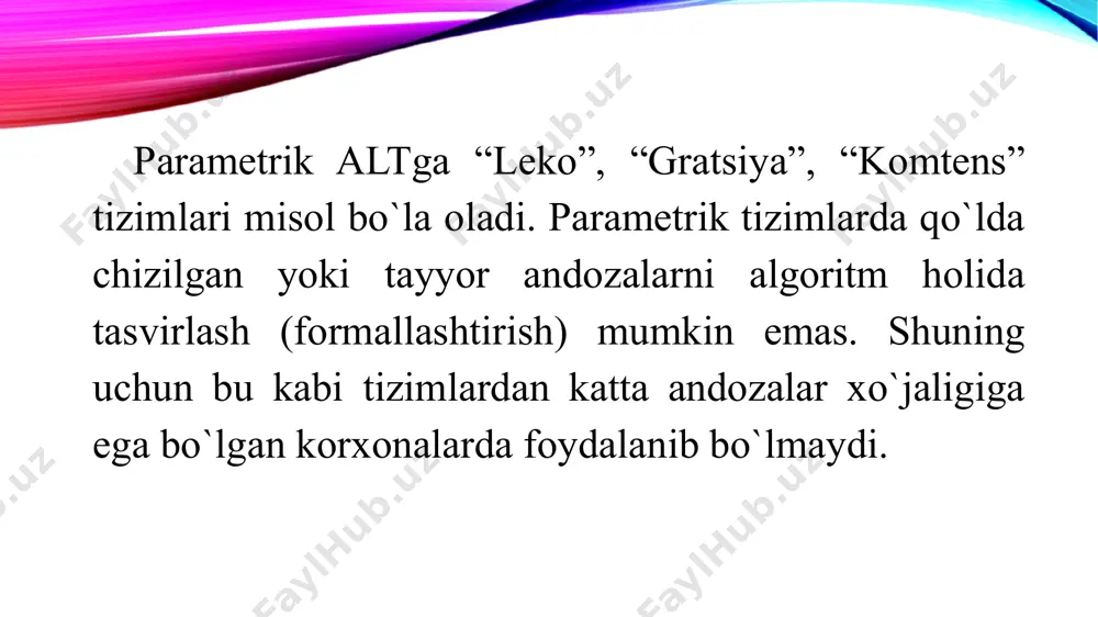 asi, ishlab chiqarish jarayonlarining o`zaro bog`liqligi, konstruktorlik masalarning kompleks yechimga egaligi baxolash, saprga ketadigan xarajatlar miqdori va ularning qoplanish imkoniyati. saprni tanlash mezonlari quyidagilar: - tizimning funktsionalligi- ya’ni korxonadagi muayyan masalalarni yechishni ta’minlash va korporativ tarzda ishlash imkoniyati; - qulay interfeys ya’ni alt bilan muloqot tabiiy ravishda bo`lishi, namoyish versiyalarining mavjudligi; - unumdorlik, ya’ni alt qo`llanishi xisobiga ish vaqtini tejalishi, boshqa programmalarga va qo`l mehnatiga ketgan vaqt va mehnatga nisbatan operatsiyalarni bajarish tezligi va mehnat sarfining tejalishi; - standartlarga moslik, ya’ni yeskd talablariga mos holda loyiha xujjatlarini tayyorlash imkoniyati, chet el hamkorlari bilan ishlashda boshqa turdagi cad tizimlari bilan birgalikda ishlay olishi; - dinamiklik, ya’ni rivojlanish- alt faqat bugun ishlab chiqariladigan maxsulotga emas, ertangi maxsulot xususiyatlarini ham inobatga olishi, doimo rivojlanib takomillashib borishi, bir necha xil maxsulotlar turi bilan ishlash imkoniyatiga ega bo`lishi; - ommaviylik, ya’ni uning foydalanuvchilar ichida keng tarqalganligi; - servis xizmatining mavjudligi, alt sotuvchi va servis xizmatlarini …