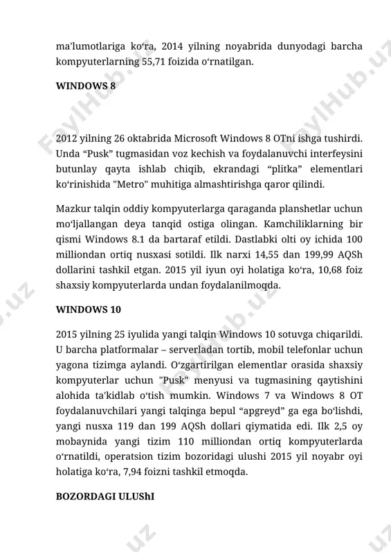 jadal o`zgarishlar uning bir qismi bo`lgan informatika soxasiga ham o`z ta`sirini ko`rsatmoqda. bu ta`sir shunchalik kuchliki, axborot texnologiyalarida bo`layotgan o`zgarishlar yillar ichida emas, balki oylar ichida o`zgarib va boyib bormoqda. malumki, kompyuterlarda o`zaro ma`lumotlar almashinuvi qulaylashtirish maqsadida turli xil hajmdagi disketalardan foydalaniladi. lekin ba`zan shu disketalar ham kattaroq hajmdagi ma`lumotlarni o`zida sig`dirolmaydi va ma`lumot almashinuvi jarayonida yetarli muommolar tug`diradi. bundan tashqari , kompyuterni ishlatish jarayonida magnit diskka ko`p bor murojat bo`lishi natijasida daskdagi axborotlar ishdan chiqishi mumkin. shular va shu kabi boshqa muommolarni bartaraf qilish maqsadida kompyuter texnologiyasiga arxivlash degan yangi usul kiritiladi. 1. fayllarni arxivlash. kompyuterdan foydalanish jarayonida turli sabablarga ko’ra diskdagi ma’lumotlarni o’chirish yoki zararlantirish mumkin. bu magnit diskning ishdan chiqishi, fayllarning buzilishi yoki umuman ishdan chiqishiga olib kelishi mumkin. shuningdek kompyuter xotirasida ma’lumotlarning ko’payib ketishi turli muammolarga olib keladi. ma’lumotlarni hajm jihatdan kichraytirish uchun arxivlash dasturlaridan foydalanish mumkin. arxivlash natijasida bir nechta fayl, hato kataloglar siqilgan holda …