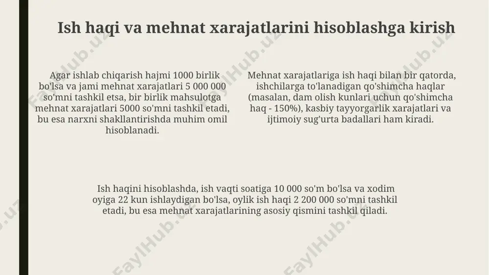hga olib kelishi mumkin. ish haqini to'lash bo'yicha hujjatlar, jumladan, ish haqi varaqalari va to'lov buyurtmalari, kamida 5 yil davomida saqlanishi shart. soatlik ish haqi hisobi ish haqini hisoblashda qo'shimcha to'lovlar, masalan, tungi smenalar uchun 20% va dam olish kunlari uchun 50% qo'shimcha haqlarni hisobga olish kerak. soatlik ish haqi, oylik maoshni ish kunlarining soniga (masalan, 22 kun) va kunlik ish soatlariga (masalan, 8 soat) bo'lish orqali hisoblanadi, bu esa soatlik stavkani aniqlaydi. minimal oylik ish haqi miqdori (masalan, 3.000.000 so'm) va ish soatlari soni asosida soatlik ish haqining eng kam chegarasi aniqlanadi. to'lov turlari va ularning xususiyatlari soatlik toʻlovda ishchi soatiga 15 000 soʻmdan toʻlanadi, oylik maosh esa ish soatlarining umumiy soniga bogʻliq boʻlib, 170 soatlik standart ish vaqti uchun 2 550 000 soʻmni tashkil etadi. komissiyaviy toʻlovda ishchi sotgan mahsulotlar yoki xizmatlarning umumiy qiymati boʻyicha 10% komissiya oladi, minimal oylik ish haqi 2,000,000 soʻmni tashkil etadi. loyihaviy toʻlovda …