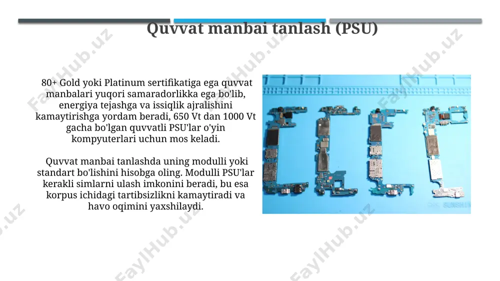 mos keladi. protsessorni tanlash intel va amd kompaniyalarining protsessorlari o'rtasidagi farqlarni hisobga oling; intel protsessorlari ba'zan yuqori narxda bo'lsa-da, ba'zi vazifalarda amd protsessorlaridan ustun turadi. protsessor tanlashda tdp (thermal design power) ko'rsatkichiga e'tibor bering; 65-95 vt oralig'idagi tdp odatiy holat hisoblanadi, lekin yuqori ishlash uchun 100 vt va undan yuqori bo'lgan protsessorlar ham mavjud. operativ xotirani tanlash operativ xotira hajmini tanlashda 8gb dan kam bo'lgan variantlar faqat ofis dasturlari va veb-brauzer uchun yetarli, ko'p vazifali ishlar uchun esa 16gb yoki undan ko'p kerak bo'ladi. xotira modullarining chastotasini (mhz) tanlash muhimdir; yuqori chastota yuqori ishlashni ta'minlaydi, lekin protsessor va anakartning qo'llab-quvvatlashi kerak. e'tiboringiz uchun rahmat @taqdimot_robot image1.jpg image2.jpg image3.jpg image4.jpg image5.jpg image6.jpg image7.jpg image8.jpg image9.jpg image10.jpg image11.jpg