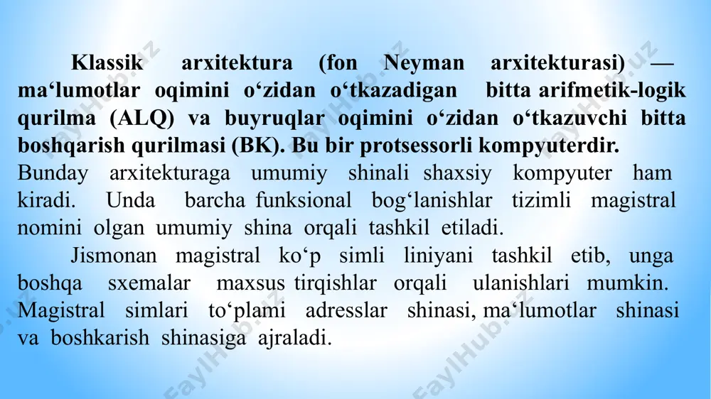 arning bir necha ko‘rinishlari mavjud. ulardan keng tarqalganlari: videokarta; tovush kartasi; tarmoq kartasi; modem. videoxotira – operativ xotiraning bir turi bo‘lib, unda kodlashtirilgan tasvir saqlanadi. bunday xotirada saqlanayotgan ma‘lumotlar bir varakay ikki qurilmaga – monitor ekrani displeyiga va protsessorga uzatiladi. shuning uchun videoxotiradagi ma‘lumotni protsessorda qayta ishlab, monitor ekranida boshqa, yangilangan tasvirni ko‘ rish mumkin. uzatish tezligi uchta holatga bog‘ liq: monitorning ko‘rsatish quvvatiga; monitorda tasvirlanadiga ranglar soniga; ekranda yangilanadigan tasvirlar chastotasiga; kuchlanish bloki – asosiy tok manbaidan kelayotgan 220 v (110 v) kuchlanishni kompyuterning konstruktiv elementlari uchun +12v, +5v va +3,3v ga aylantirib beruvchi qurilma. monitor axborotni universal chiqaruvchi qurilma bo‘lib, videokartaga ulanadi.тasvir kompyuter formatida (nollar va birlar ketma-ketligidan iborat) videoxotirada saqlanadi. kompyuter videoxotiradagi axborotni o’qib, uni ekranda akslantiradi. zamonaviy monitorlarda tasvirlarning yangilanish chastotasi sekundiga 75 ga teng kinofilmlar da, ya’ni televizorda kadrlarning almashinish chastotasi sekundiga 24 kadrni tashkil etadi statsionar kompyuterlarda elektron-nurli trubkali monitorlar ishlatiladi. bunday monitorlar diagonal …