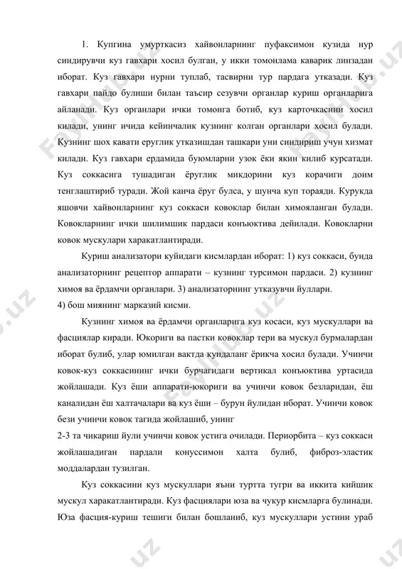 ари юза ва чукур кисмларга булинади. юза фасция-куриш тешиги билан бошланиб, куз мускуллари устини ураб олади ва куз соккасига келиб, юкориги хамда пастки ковокка утади. чукур фасцияси-куз мускуллари орасидан утиб, иккига булинади ва бири ковокка, иккинчиси кузнинг шох пардаси четига боради. куз соккаси шар шаклида булиб, унинг олд томони ботикрок, орка томони каварикдир. куз соккаси куз пардаларидан ва нур сингдирувчи хамда кабул килувчи кисмлардан иборат. куз соккасининг пардалари: ташки фиброз парда-ок парда ва шох пардага булинади. окпарда куз сокани 4-5 кисмини эгаллайди. бу пардада кон томирлари жуда кам. шох парда куз соккасини олд томони юзасида жойлашиб, унинг 1-5 кисмини эгаллайди. кузнинг томирли пардаси-кузнинг иккинчи кавати булиб, уч кимдан: хусусий кон томирли парда, киприксимон тана ва кузнинг рангли пардасидан иборат. кузнинг тур пардаси курадиган ва курсайдиган кисмларга булинади. киприксимон кисми ва рангли парда кисми жуда юпка булиб, икки каватдан иборат, уларнинг бири киприксимон танага, иккинчиси рангли пардага бирлашади. гавхар – икки …