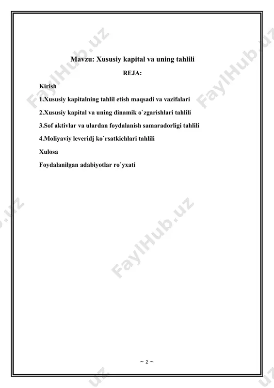 ni tahlil qilish eng muhim mavzulardan biri hisoblanadi, chunki uning vakolatli shakllanishi va ishlatilishi qarz olishga kamroq ehtiyoj sezganligi sababli kompaniyaga moliyaviy jihatdan mustaqil bo'lishga imkon beradi. hozirgi kunda ushbu mavzu davriy nashrlarda ko'plab maqolalarga bag'ishlangan, ilmiy adabiyotlar va turli darsliklar sahifalarida chuqur va har tomonlama yoritilgan. shuningdek, mulkchilikning turli shakllaridagi korxonalarda kapitalni boshqarishga, uning shakllanishini ta'minlashga katta e'tibor berilmoqda. ma`lumki hozirda mamlakatimizda iqtisodiyotni rivojlantirish va xalq farovonligini oshirish uchun ko`plab islohotlar amalga oshirilmoqda.xo`jalik yurituvchi subyektlar faoliyatini kengaytirish orqali mamlaktimizda aholi daromadlarini oshirishga xizmat qiladi.ushbu masalaga ham yurtboshimiz ham har yili murojaatnomalarida alohida to`xtalib o`tmoqdalar." tadbirkorlikni keng rivojlantirish va bu soha uchun yangi sharoitlar yaratishga barcha imkoniyatlarimizni safarbar etyapmiz. “har bir oila – tadbirkor” dasturi doirasida o‘z biznesini boshlayotgan oilalarga 5,9 trillion so‘m kreditlar ajratildi….islohotlarimiz natijasida o‘tgan yili 93 mingta yoki 2018-yilga nisbatan qariyb 2 barobar ko‘p yangi tadbirkorlik sub'ektlari tashkil etildi."[footnoteref:2] [2: o‘zbekiston respublikasi prezidenti shavkat mirziyoyevning oliy majlisga …
