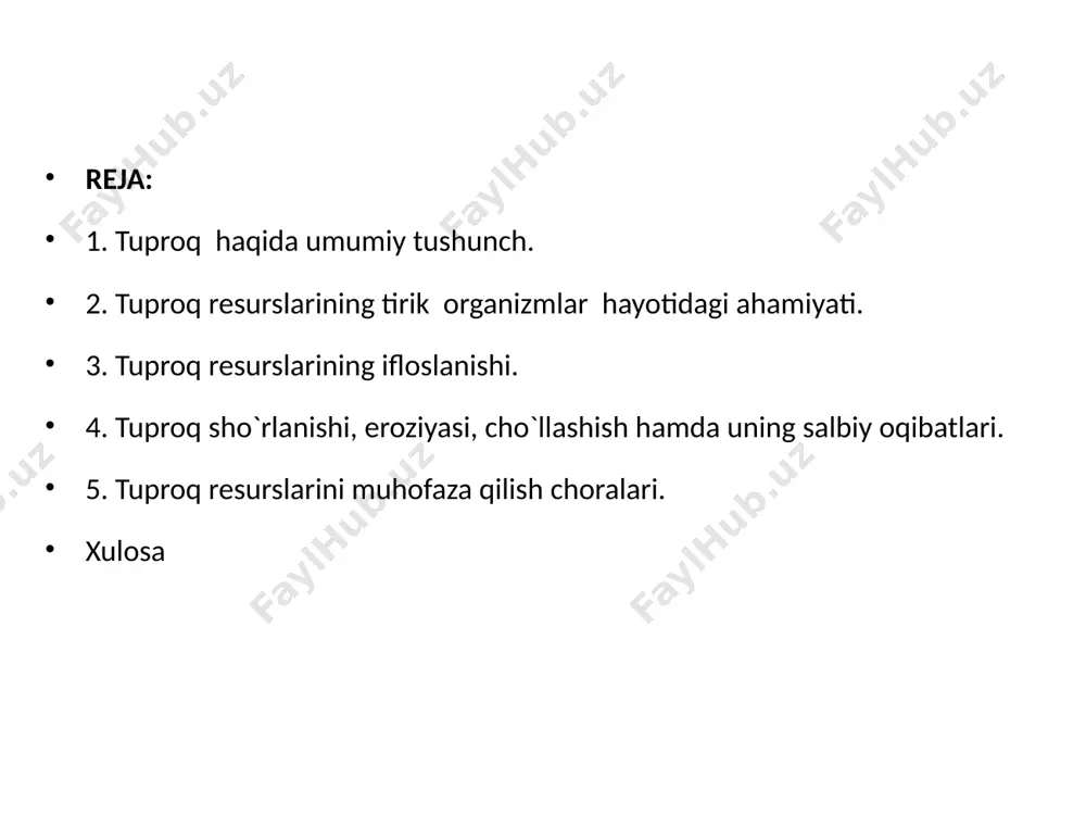 bga javob bermasligi, gidrotexnika tadbirlarining noto`ri yo`lga qo`yilishi, kimyoviy moddalardan me`yordan ortiq ishlatilishi, yaylovlarga chorva mollarini boqish, o`rmon va to`qaylarni qirqib yuborish va hokazolar ta`siri oqibatida yerlar yaroqsiz holga keladi. yerning sho`rlanishi, eroziyasi, cho`llashish jarayoni hamda uning salbiy oqibatlari. tabiatda shamol va suv ta`sirida tuproqning yemirilishi yoki eroziyasi kuzatiladi. lekin bugungi kunda kishilarning tuproqqa noto`g`ri munosabatda bo`lishi tufayli, ya`ni tik yerlarni noto`g`ri haydash, bostirib sug`orish, o`simliklarga noto`ri munosabatda bo`lishi, qayta sho`rlanish, zaxarli kimyoviy moddalar solish va boshqalar tuproq eroziyasini vujudga keltirib chiqaradi. antropogen eroziya tuproq resurslaridan noto`g`ri foydalanishining oqibati bo`lib, uning asosiy sabablari o`rmon va to`qaylarni qirqib yuborish, yaylovlarda chorva mollarini boqish normasiga amal qilmaslik, dehqonchilik yuritishning noto`g`ri usullaridan foydalanish va boshqalardir. ma`lumotlarga ko`ra, har kuni yer yuzida eroziya natijasida 3500 gektar unumdor tuproqli yerlar ishdan chiqadi. suv eroziyasi ko`proq tog` oldi va tog`li rayonlarda, shamol eroziyasi kuzatiladi. eroziya jarayonlarining oldini olish uchun o`simlik qoplamini tiklash, agrotexnik tadbirlarni to`g`ri olib …
