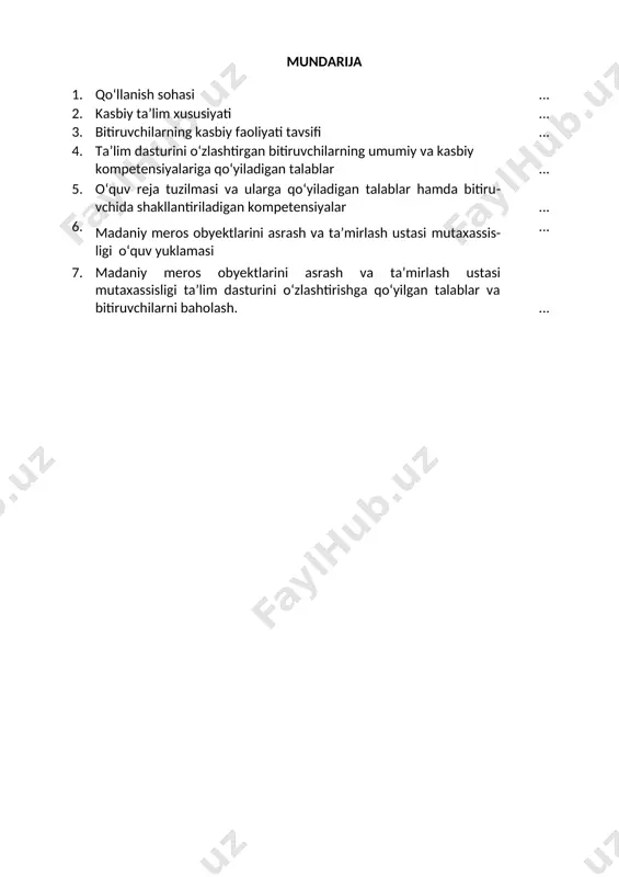 digan talablar 4.1. madaniy meros obyektlarini asrash va ta’mirlash ustasi mutaxassisligi bitiruvchilari umumiy kompetensiyasiga qo‘yiladigan talablar: ptm bitiruvchisi quyidagi umumiy kompetensiyalarga ega bo‘lishi kerak: uk-1. kasbiy faoliyat doirasida vujudga keladigan turli masalalar yechimini topish usullarini tanlay olish; uk-2. rahbar tomonidan belgilangan maqsadga erishish uchun jamoada ishlay olish; uk-3.o‘zining kasbiy malakasini va shaxsiy kamolotini takomillashtirib borish; uk-4. jamoada va ma’lum vazifani bajarishga yo‘naltirilgan guruhda ishlash, hamkasblar va rahbarlar bilan samimiy, xushmuomala va samarali muloqot qilish; uk-5. ta’lim olgan tilida fikrini og‘zaki va yozma ravishda ravon bayon qilish; uk-6. umuminsoniy fazilatlarga ega bo‘lish, o‘z millatini va vatanini sevish, u bilan faxrlanish, milliy urf-odatlar, qadriyatlarni hurmat qilish; uk-7.professional vazifalarni samarali bajarish uchun zarur bo‘ladigan ma’lumotlarni qidirish; uk-8.kasbiy faoliyatida axborot-kommunikatsiya texnologiyalarini qo‘llash; uk-9. kasbga doir hujjatlar bilan ishlash; uk-10. kasbiy faoliyatda xavfsizlik texnikasi va mehnat muhofazasi qoidalariga amal qilish ko‘nikmalariga ega bo‘lish. uk-11. sanoat va nosanoat tashkilotlarda vujudga keladigan chiqindilarni atrof-muhitga zarar yetkazmaslik choralarini …