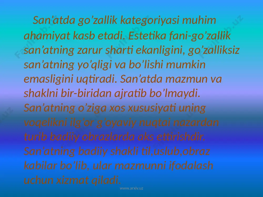 . hozir nafis gazlamalar, gilamlar to’qish, sopol idishlarga gul solish, do’ppi tikish, zardo’zlik, kashtachilik, so’zanaga gul tikish, misgarlik, kulolchilik, zargarlik, musiqa asboblari yasash kabi san’at turlari keng tarqalgan. www.arxiv.uz www.arxiv.uz naqqoshlik san’ati. “agar kimki rasmdagi har bir chiziqqa jon bag`ishlay olar ekan, u san’at kalitini egallagan bo`ladi”. naqqosh maoniy. www.arxiv.uz naqsh- arabcha tasvir, gul degan ma’noni anglatadi. shuningdek, qush, hayvon, o’simlik, geometrik shakllar va boshqa elementlarni ma’lum tartibda takrorlanishdan hosil qilingan bezakdir. o’zbekiston hududidagi arxeologik qazilmalardan xorazm, so’g’d, baqtriya viloyatlarida naqsh san’atining rivojlanganligi ma’lum. o’zbek naqqoshlari, asosan, ko’k, zangori, yashil, sariq, qizil, oq, qora ranglar bilan naqsh ishlaydilar. naqqoshlik san’ati “nizomi”ning yozilishi va bizgacha yetib kelishi bu san’at turining uzoq tarixini, unga izchil amal qilinganini, binolar va kitoblarni badiiy bezashda, o’ymakorlikda keng o’rin egallaganini ko’rsatib turibdi. www.arxiv.uz www.arxiv.uz xattotlik san’ati. go’zallik qonunlariga rioya qilib ishlangan qo’lyozma kitoblar “nafis kitob” va xattotlik san’ati deb yuritilgan. mashhur xattot ali tabriziy (1330-1404-y.) nasta’liq …
