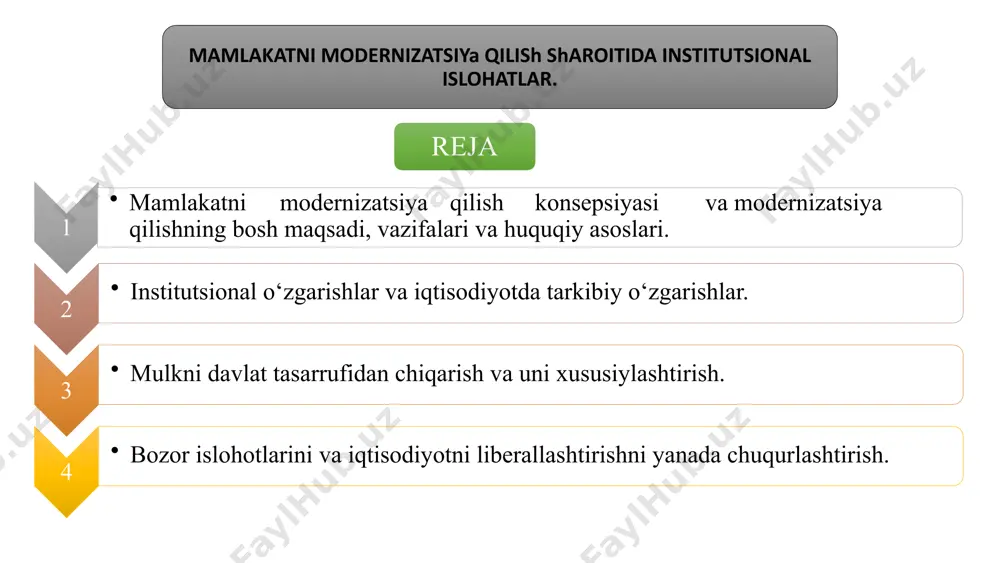 qtisodiyotni turli sohalarda rivojlantirish va samaradorligini oshirish. 3- ta’lim, sog‘liqni saqlash va ijtimoiy himoya tizimlarini taraqqiy ettirish va aholining turmush darajasini yaxshilash. institutsional o‘zgarishlar — ijtimoiy institutlar tarkibiy o‘zgarishlar sektorlararo uzatishlar institutsional o‘zgarishlar va iqtisodiyotda tarkibiy o‘zgarishlar. institutsional va tarkibiy o‘zgarishlarning o‘zaro tasiriiqtisodiy muammolarga bag‘ishlangan asarlari:institutsional va tarkibiy o‘zgarishlar o‘rtasidagi aloqa juda muhim. institutsional o‘zgarishlar iqtisodiyotda tarkibiy o‘zgarishlarni hamkorlikda taʼminlasa, bu o‘z navbatida ijtimoiy barqarorlik, iqtisodiy rivojlanish va davlatning samaradorligini oshirishga olib keladi. shuning uchun, ikkala jarayonni ham birgalikda boshqarish va muvofiqlashtirish tavsiya etiladi. . institutsional o‘zgarishlar va iqtisodiyotda tarkibiy o‘zgarishlar. iqtisodiyotda tarkibiy o‘zgarishlar texnologik o‘zgarishlar tarkibiy o‘zgarishlar sektorlararo uzatishlar 2. institutsional o‘zgarishlar va iqtisodiyotda tarkibiy o‘zgarishlar. mulkni davlat tasarrufidan chiqarish va uni turlari: mulkni davlat tasarrufidan chiqarish. mulkni xususiylashtirish. xususiylashgan obyektlar uchun huquqiy asoslarni shakllantirish 3-mulkni davlat tasarrufidan chiqarish va uni xususiylashtirish. mulkni davlat tasarrufidan chiqarish — bu kitmandor davlat mulkini xususiy mulkka aylantirish jarayonidir. bu jarayon ko‘pincha xususiylashtirish …