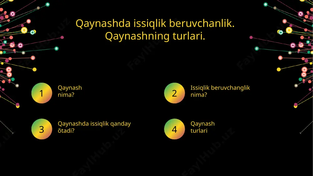 masalan: sanoat bug‘ generatorlari, issiqlik almashtirgichlar. 3. mahalliy qaynash: sirtning faqat ayrim joylari kuchli qiziganda yuzaga keladi. issiqlik notekis taqsimlanadi, ba’zi qismlar tezroq bug‘lanadi. portlovchi intensiv qaymash suyuqlik uzoq vaqt qizdirilib, sirt birdan yuqori haroratga yetganda, to‘satdan bug‘ pufaklari ko‘p miqdorda paydo bo‘ladi. bu portlovchi bug‘lanishga olib keladi. masalan: moyga suv tomganida birdan bug‘lanish. issiqlik beruvchanlikka ta’sir qiluvchi omillar issiqlik beruvchanlikka ta’sir qiluvchi omillar: • suyuqlikning fizik xossalari (issiqlik sig‘imi, issiqlik o‘tkazuvchanligi, zichlik). • qizdiruvchi yuzaning materiali va silliqligi. • harorat farqi (sirt bilan suyuqlik orasida). • qaynashning turi va holati. • bug‘ pufaklarining shakllanish va ajralish tezligi. e’tiboringiz uchun rahmat! samatullayev dilshod 104-guruh image1.png media1.mp3 image5.png image2.png image3.png image4.png null 243.84293