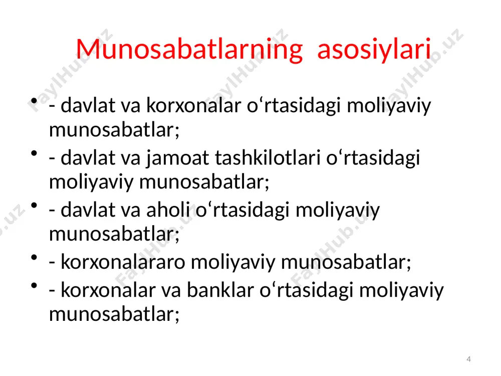 ahsulot (yaim)ga nisbatida aniq namoyon bo‘ladi. 20 davlat tashqi qarzi davlat tashqi qarzi – xorijiy davlatlardan, ulardagi jismoniy va yuridik shaxslardan, shuningdek, xalqaro moliyaviy tashkilotlardan olingan qarz 21 davlat qarzi ichki va tashqi qarzlardan iborat bo‘ladi davlat ichki qarzi – bu davlatning mamlakat ichida zayomlar va boshqa qimmatli qog‘ozlarini chiqarish, turli nobudjet fondlari (sug‘urta fondi, ishsizlik bo‘yicha sug‘urtalash fondi, pensiya fondi)dan qarz olish ko‘rinishidagi qarzlari. 22 tashqi qarz vujudga kelishi xo‘jalik hayotning tez o‘sishi, xalqaro kreditning jadal rivojlanishi natijasida davlat o‘ziga zarur bo‘lgan moliyaviy resurslarni jalb qilish uchun bo‘sh pul mablag‘larining milliy chegaradan tashqaridagi manbalaridan faol foydalanadi. buning natijasida tashqi qarz vujudga keladi. 23 tashqi qarzning me’yoridan oshib ketishi tashqi qarzning me’yoridan oshib ketishi milliy iqtisodiyotning rivojlanishiga salbiy ta’sir ko‘rsatadi. agar tashqi qarz bo‘yicha to‘lovlar mamlakat tovar va xizmatlari eksportidan tushumning ahamiyatli qismi, masalan, 20-25% dan oshib ketsa, bu holat mamlakatning kredit bo‘yicha reytingini pasaytirib yuboradi. 24 davlat budjetining xolati …