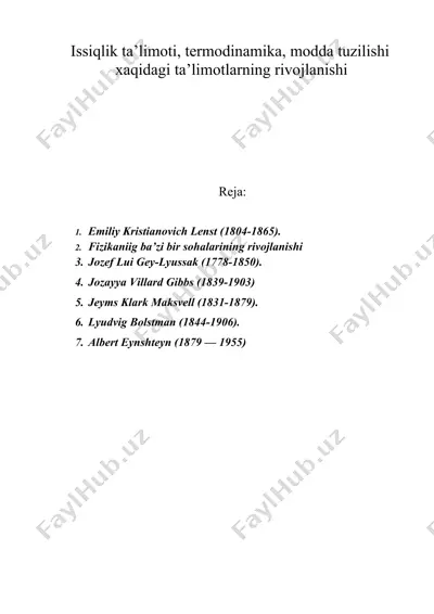 issiqlik ta’limoti, termodinamika, modda tuzilishi haqidagi ta’limotlarning rivojlanishi — DOC