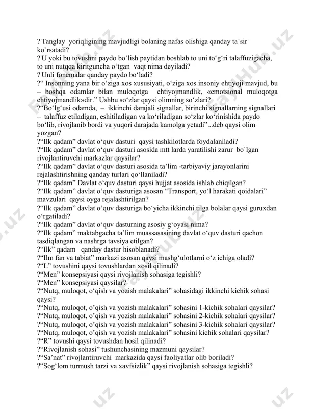ay yoriqligining mavjudligi bolaning nafas olishiga qanday ta`sir ko`rsatadi? ? u yoki bu tovushni paydo bo‘lish paytidan boshlab to uni to‘g‘ri talaffuzigacha, to uni nutqqa kiritguncha o‘tgan vaqt nima deyiladi? ? unli fonemalar qanday paydo bo‘ladi? ?“ insonning yana bir o‘ziga xos xususiyati, o‘ziga xos insoniy ehtiyoji mavjud, bu – boshqa odamlar bilan muloqotga ehtiyojmandlik, «emotsional muloqotga ehtiyojmandlik»dir.” ushbu so‘zlar qaysi olimning so‘zlari? ?“bo‘lg‘usi odamda, – ikkinchi darajali signallar, birinchi signallarning signallari – talaffuz etiladigan, eshitiladigan va ko‘riladigan so‘zlar ko‘rinishida paydo bo‘lib, rivojlanib bordi va yuqori darajada kamolga yetadi”...deb qaysi olim yozgan? ?“ilk qadam” davlat o‘quv dasturi qaysi tashkilotlarda foydalaniladi? ?“ilk qadam” davlat o‘quv dasturi asosida mtt larda yaratilishi zarur bo`lgan rivojlantiruvchi markazlar qaysilar? ?“ilk qadam” davlat o‘quv dasturi asosida ta’lim -tarbiyaviy jarayonlarini rejalashtirishning qanday turlari qo‘llaniladi? ?“ilk qadam” davlat o‘quv dasturi qaysi hujjat asosida ishlab chiqilgan? ?“ilk qadam” davlat o‘quv dasturiga asosan “transport, yo‘l harakati qoidalari” mavzulari qaysi oyga …