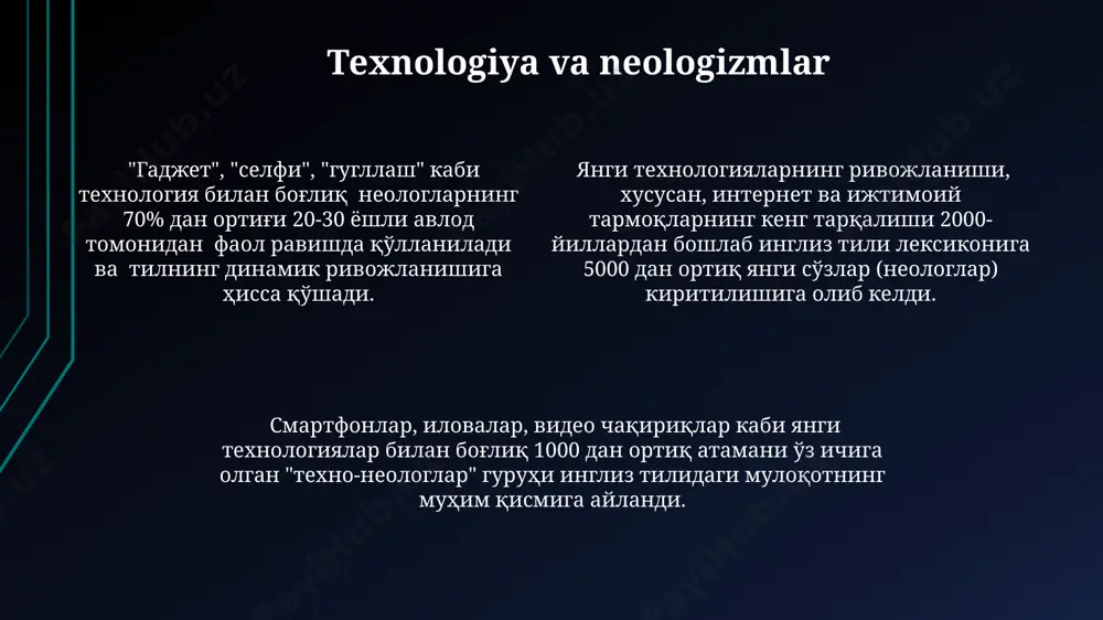 mladan, 21-asrda ijtimoiy tarmoqlar tufayli 1000 dan ortiq slang atamalari yuzaga keldi. yangi soʻzlarning paydo boʻlishining asosiy sabablaridan biri – texnologiya taraqqiyoti boʻlib, 20-asrning ikkinchi yarmidan boshlab 10 000 dan ortiq yangi texnologik atamalar paydo boʻldi. neologizmlar va grammatika baʼzi neologizmlar, masalan, "selfie" yoki "google", ingliz tiliga yangi morfologik qoʻshimchalarni va sintaktik tuzilmalarni olib kirdi, shu bilan birga oʻziga xos grammatik xususiyatlarga ega. yangi soʻzlarning paydo boʻlishi natijasida ingliz tilida feʼl yoki otlarning 20% ga yaqin yangi grammatik tuzilmalar hosil boʻlishi mumkin. taxminan 10 yildan ortiq vaqt davomida paydo boʻlgan neologizmlar ingliz tili grammatikasining kamida 5% qismiga taʼsir koʻrsatdi, yangi gap tuzilmalari va jumla qolipini shakllantirishga yordam berdi. e'tiboringiz uchun rahmat @taqdimot_robot