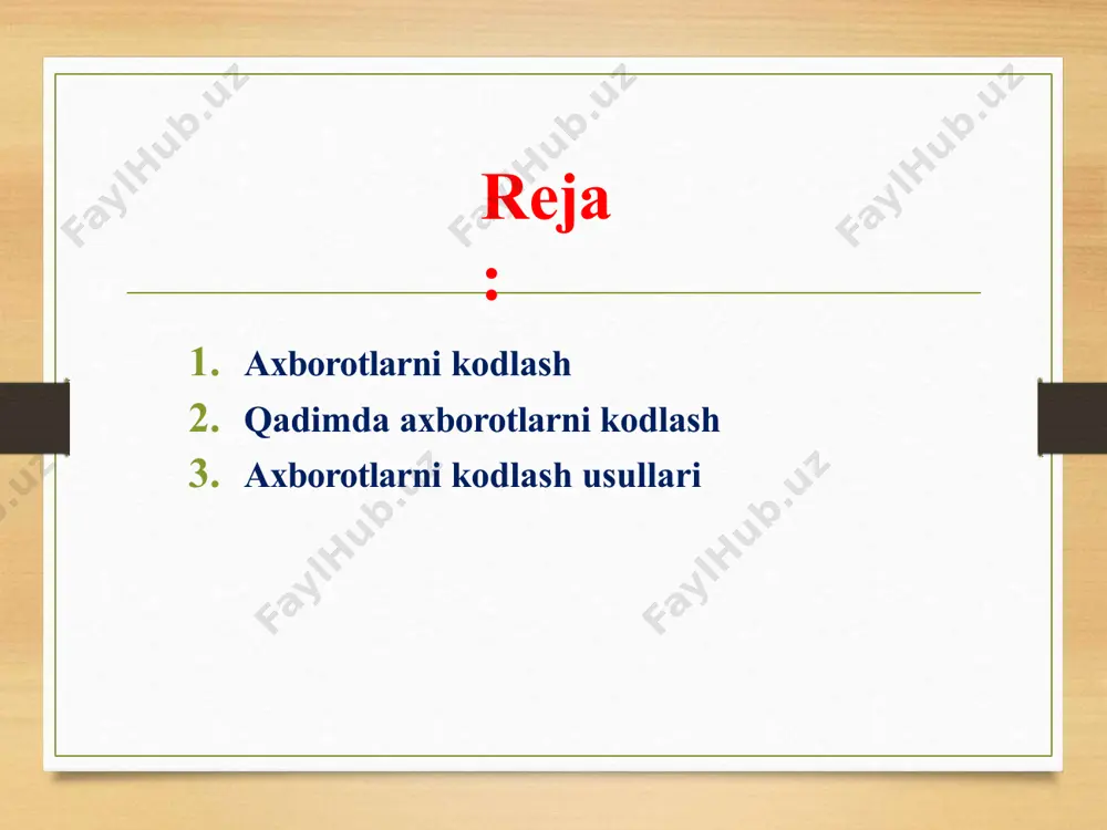 on, raqamli fotoapparat, raqamli vidwewwo.arkxiva.uzmerani misol qilish mumkin. axborotlar ustida amallar bajarish qulay bo'lishi uchun aniq bir qoidalar asosida boshqa ko'rinishga o'tkazish jarayoni axborotni kodlash deyiladi. axborotlarni kodlash insoniyat tomonidan faqat amallar bajarish qulay bo'lishi uchun emas, balki axborotni maxfiy saqlash uchun ham qo'llanilgan. kodlashning bu ko'rinishi shifrlash deb ataladi. qadimda axborotlarni kodlash hayotda axborotni kodlashning ko'pdan-ko'p usullari mavjud. gretsiya birinchi sarkardasi kodlashni qo'llagan inson qadimgi lisandro hisoblanadi. u axborotni maxfiy saqlash, ya'ni kodlash uchun ma'lum bir qalinlikdagi "ssital" tayoqchasini o'ylab topgan. kodlashning bu usuli o'rin almashtirish usuli deb ataladi. axborotlarni kodlashning usullari semyuel morze 1837-yilda elektromagnit telegraf qurilmasini ixtiro qilgan va 1838-yilda shu qurilma uchun telegraf kodini ishlab chiqqan. unda turli harf va raqamlar nuqta va tirelarning maxsus ketma-ketligi ko'rinishida ifodalangan, ya'ni axborot uchta belgi yordamida kodlanadi: "uzun signal" (tire yordamida ifodalanadi), "qisqa signal" (nuqta yordamida ifodalanadi), "signalsiz" (bo'shliq, pauza bilan ifodalanadi). mazkur kodlash usuli hozirgi kunda ham qo'llanib …