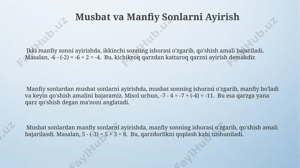 joylashgan. bu sonlar orasidagi masofa tengdir. har bir butun sonning to'g'ri chiziqdagi o'ziga xos joylashuvi mavjud bo'lib, u sonning qiymati bilan belgilanadi. masalan, -5 soni nolga nisbatan 5 birlik chapda, 5 soni esa 5 birlik o'ngda joylashgan. sonlar to'g'risidagi to'g'ri chiziqda butun sonlar (integers) orasida kasr va o'nlik sonlar ham joylashishi mumkin, lekin ular odatda nuqtalar bilan ifodalanmaydi. ushbu chiziq sonlarni taqqoslash va ular orasidagi farqni aniqlashga yordam beradi. e'tiboringiz uchun rahmat @taqdimot_robot image4.png image3.jpeg