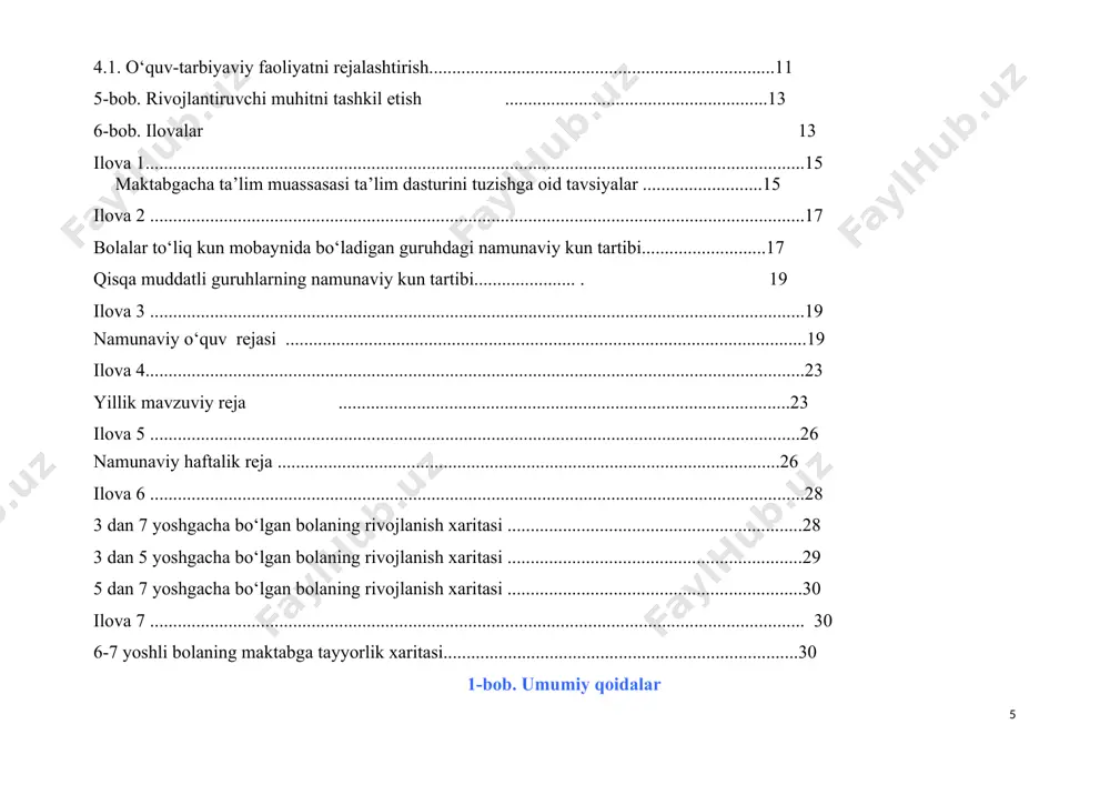 oydalanish huquqiga ega. ta’lim muassasasi davlat o‘quv dasturi asosida o‘zining mtt ishchi o‘quv dasturini ishlab chiqish huquqiga ega. ta’lim muassasasining ishchi o‘quv dasturi muassasa pedagoglari tomonidan ota-onalarni jalb etgan holda tuziladi va amaldagi qonunchilik tartibida tasdiqlanadi . 1.2. mttning maqsad va vazifalari mttning maqsad va vazifalari quyidagilardan iborat: · bolaning individual ehtiyojlarini hisobga olgan holda ilk va maktabgacha yoshdagi bolalarni rivojlanishiga oid davlat talablari asosida hamda davlat o‘quv dasturiga muvofiq uning har tomonlama va barkamol rivojlanishi uchun qulay shart-sharoitlar yaratish; · maktabgacha yoshdagi bolalarning o‘quv-tarbiyaviy faoliyatini tashkil qilish va amalga oshirish; · bolalarning ilk rivojlanishi masalalarida ota-onalar va jamiyatga tegishli bilimlar berishni tashkil etish va amalga oshirish; · bolalarning ilk rivojlanishi masalalarida oila va jamiyat bilan o‘zaro hamkorlikni tashkil qilish va amalga oshirish. 2-bob. mtt ta’lim jarayonining maqsad va tamoyillari 2.1. mtt ta’lim jarayonining maqsadlari o‘quv-tarbiyaviy jarayonning maqsadi bolalarda umumiy kompetensiyalar va rivojlanish sohalari kompetensiyalarini shakllantirish uchun tegishli sharoitlar yaratishdan …