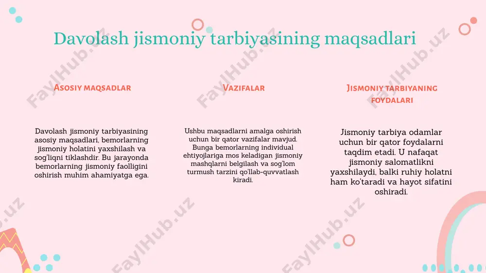 tiyojlariga moslashtirish imkoniyati paydo bo'ladi. har bir bemorning individual natijalarini baholash, kelgusi davolash rejasini shakllantirishda muhim rol o'ynaydi. photo by nicolas hoizey on unsplash tajriba va ilg'or amaliyot haqida tajribaning ahamiyati davolash jismoniy tarbiyasida tajribalar muhim rol o'ynaydi. ular usullarni takomillashtirish va yangi strategiyalarni ishlab chiqishda yordam beradi. o'qituvchilar va murabbiylar o'z tajribalarini baham ko'rish orqali bir-birlaridan o'rganishlari mumkin. ilg'or amaliyotlar ilg'or amaliyotlar sog'liqni saqlash va jismoniy tarbiya sohasida innovatsion yondashuvlarni o'z ichiga oladi. ular an'anaviy usullar bilan birga qo'llaniladi va davolash jarayonini samarali ravishda yaxshilashga yordam beradi. swot tahlili quyida ilg'or amaliyotlarni qo'llashning kuchli va zaif tomonlari, imkoniyatlari va tahdidlari keltirilgan: kuchli tomonlar: - innovatsion yondashuvlar - tajribaga asoslangan metodlar zaif tomonlar: - resurslar etishmasligi - o'qituvchilar o'rtasida tajriba farqlari imkoniyatlar: - yangiliklar va tadqiqotlar orqali rivojlanish - sog'liqni saqlash sohasida hamkorlik tahdidlar: - raqobatning kuchayishi - moliya cheklovlari tajriba asosida usullar usullar va ularning ta'rifi davolash jismoniy tarbiyasida …