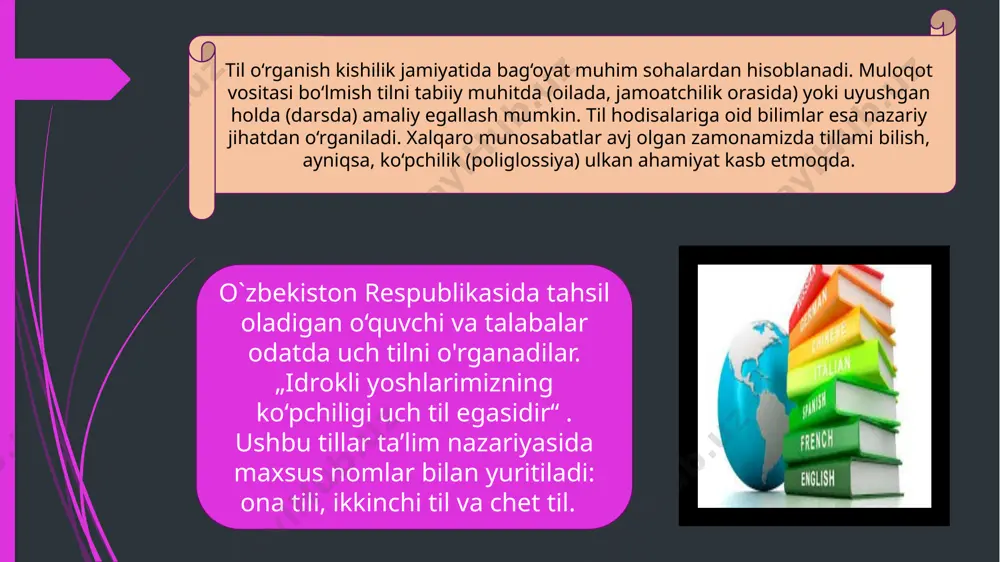 ordamida o‘lchanadi. shakllantiruvchi (formativ) baholash (o‘rganish uchun baholash): o‘quvchilar o‘rganish jarayonining qaysi bosqichida ekanliklari, keyingi qadamlari qanday bo‘lishi kerakligi va maqsadga qanday erishishlari mumkinligi haqida o‘quvchilar va o‘qituvchilar tomonidan ishlatiladigan dalillarni yig‘ish va talqin qilish jarayoni (isaacs et al, 2013) shakllantiruvchi (formativ) baholash (o‘rganish uchun baholash): uyga berilgan vazifalar dars paytida beriladigan topshiriqlar savol-javob dars paytida o‘tkaziladigan nazorat ishlari o‘quvchilarning darsdagi faolligini kuzatish shakllantiruvchi (formativ) baholash (o‘rganish uchun baholash): norasmiy ta’lim jarayoniga o‘zgartirish kiritish imkonini beradi qayta aloqa mavjud xulosalovchi (summativ) baholash – ta’lim dasturi yoki uning bir qismi so‘ngida erishilgan natijani rasmiy baholash. (isaacs et al, 2013) xulosalovchi (summativ) baholash: baho berish: ta’lim oluvchiga baho berish ta’lim beruvchiga baho berish tanlash: belgilangan talabga javob beradiganlarni tanlash cheklangan kvota sharoitida tanlash baholash vositalari: test yozma ish og‘zaki so‘rov loyiha portfolio … … … e’tiboringiz uchun rahmat! image1.png image2.png image3.png image4.png image5.png image6.png image7.png image8.png image9.png image10.png image11.jpg image12.jpeg image13.jpeg image14.jpeg …