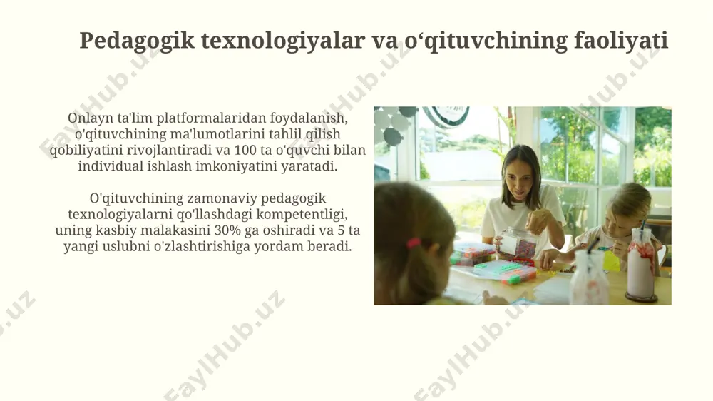 ini 20% ga oshirishi mumkin. zamonaviy o‘qituvchining roli va vazifalari zamonaviy o‘qituvchi, o‘quvchilar bilan samarali hamkorlikni o‘rnatishga, kamida 50% dars vaqtini amaliy mashg‘ulotlarga ajratishga va o‘zining kasbiy malakasini doimiy ravishda oshirib borishga majbur. uning vazifalariga raqamli texnologiyalarni samarali integratsiya qilish, o‘quv jarayonini kuzatish va baholash hamda o‘quvchilarda 4 ta asosiy kompetensiyani shakllantirish kiradi. o‘qituvchining shaxsiy va kasbiy rivojlanishi o‘qituvchilarning o‘z-o‘zini baholash va aks ettirish faoliyatlari natijalariga ko‘ra, 70% dan ortig‘i o‘qitish uslublarida sezilarli yaxshilanishlarni qayd etgan. o‘qituvchining shaxsiy va kasbiy rivojlanishiga yillik 15 soatlik malaka oshirish kurslari va 5 ta onlayn seminarlardan iborat 20 soatlik o‘quv dasturi ijobiy ta’sir ko‘rsatadi. baholash va ta’limning samaradorligini oshirish interaktiv ta'lim texnologiyalaridan, masalan, onlayn platforma va o'yinlardan foydalanish darslarning jozibadorligini 20% ga oshirib, o'quvchilarning faol ishtirokini ta'minlaydi. o'quvchilarning individual xususiyatlarini hisobga olgan holda, kamida 5 xil turdagi o'quv materiallari va 3 xil baholash usullaridan foydalanish ta'lim jarayonini diversifikatsiya qiladi. e'tiboringiz uchun rahmat @taqdimot_robot image2.jpg …