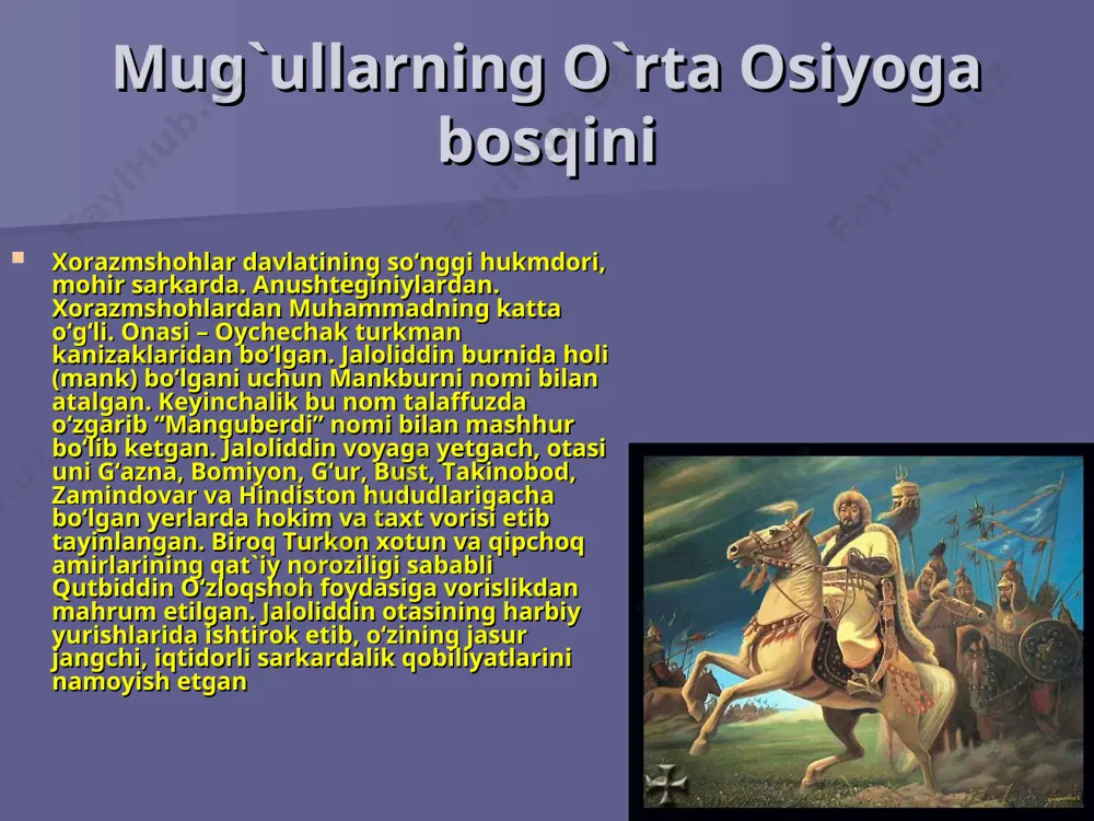 o‘g‘il mana shunday bo‘lishi lozim!”, degan. 1222-yil chingizxon jaloliddin manguberdi izidan to‘rbay to‘qshin va bola no‘yonni 20 minglik qo‘shin bilan jo‘natadi. lekin ular mo‘ltonga qadar borib, shaharni ololmay, jazirama issiqqa dosh berolmay qaytishadi. jaloliddin manguberdi o‘ziga qarshi mo‘g‘ul qo‘shinlari jo‘natilgani xabarini parosravar qal`asini olgandan so‘ng eshitgan. jaloliddin manguberdi mo‘lton tomon yo‘l olib qubacha mulklaridan uchcha, sadusan, xatisor, deval va damrillarni qamal qiladi, qo‘shini uchun tuyalar zarurligi tufayli gujarot viloyati markazi nahrvalga xosxon boshchiligida qo‘shin jo‘natadi. shamsuddin eltutmish jaloliddin manguberdi ustiga katta qo‘shin (30 ming otliq, 100 ming piyoda, 300 ta fil) tortadi. jaloliddin manguberdi mardonavorlik bilan raqibiga qarshi chiqadi. jaloliddin manguberdining o‘zbek toy jahon pahlavon qo‘mondonligi ostidagi ilg‘ori eltutmish ilg‘ori bilan to‘qnashib raqibidan ustin keladi. eltutmish jaloliddin manguberdi huzuriga elchisini yuborib sulh so‘raydi. jaloliddin manguberdi hindistonda o‘z nomidan kumush va mis tangalar zarb qiladi, unga tobe hind mulklarida uning nomi xutbaga qo‘shib o‘qilgan. jaloliddin manguberdiga qarshi xiyonat jaloliddin manguberdining lashkarboshisi …