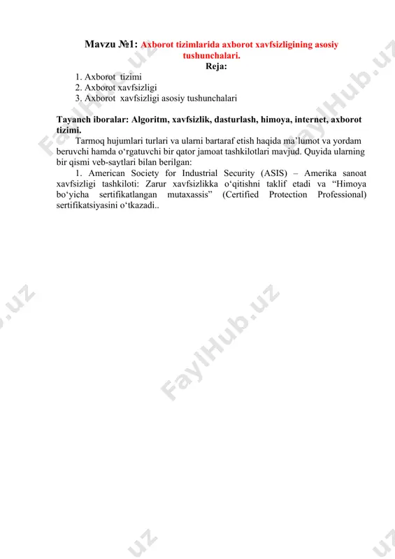 stems security professional (cissp), systems security certified practitioner (sscp), and certified information systems auditor (cisa) kabi ko‘plab sertifikatsiya dasturlariga homiylik qilishga yordam beradi.. 7. national security institute (nsi) – milliy xavfsizlik instituti: xavfsizlikni buzishga tahdidning barcha turlari haqida ma’lumot beradi. ushbu tashkilotning kompyuter xavfsizligi qismi xavf haqida e’lonlar, tadqiqot ishlari, rahbarlar uchun ma’lumotlar va xavfsizlik bo‘yicha me’yoriy hujjatlar va davlat standartlari haqida ma’lumotlarni o‘z ichiga oladi. veb manzili – nsi.org. 8. sysadmin, audit, network, security (sans) institute – tizim administratori, audit, tarmoq va xavfsizlik instituti: xavfsizlik bo‘yicha mutaxassislar uchun axborotlar, o‘qitish, tadqiqot ishlari va boshqa resurslarni taklif etadi. sans instituti global information assurance certification (giac) dasturi asosida faoliyat boshlagan ushbu tashkilot aqshda va xalqaro miqiyosda to‘liq o‘qitish dasturini taklif etadi. bu otaliq dasturlari bilan bir qatorda xavfsizlikka onlayn o‘qitishni ta’minlaydi.sans instituti ba’zi internet-tahdidlarning xavflilik darajasini o‘rganish maqsadida internet-shtorm markazi (internet storm center – isc.incidents.org) ga asos solgan.institutning veb-sahifasi – www.sans.org. …