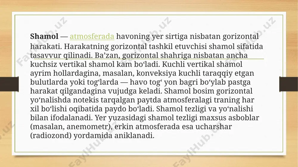 qori bosim va dengiz ustidagi past bosimdan kelib chiqadi. mussonlar yozda dengizdan quruqlikka, qishda esa quruqlikdan dengizga uradi. mussonlar janubiy osiyoda eng kuchli rivojlanadi. ular afrika va janubiy avstraliyada ham uchraydi. mahalliy shamollar — tezligi, takrorlanishi, yoʻnalishi va boshqa meteoreologik elementlari bilan ajralib turadigan shamollar; yer yuzasining maʼlum rayonlariga xos boʻladi. mahalliy shamollarning paydo boʻlishiga sabablar: mahalliy topografiya yoki orografiyaning umumiy sirkulyasiya oqimlariga taʼsiri natijasi (fen, bora va boshqalar); umumiy sirkulyasiyasidan qatʼi nazar, mahalliy sirkulyasiyaning (brizlar, togʻvodiy shamollari) mavjudligi; baʼzida uyurma xususiyatlariga ega boʻlgan konveksiyaning (changli boʻron va boshqalar) boʻlishi; umumiy sirkulyasiya oqimini shu rayonga oidligi (kam namlik, changlanish, past temperatura va boshqalar). oʻrta osiyoning jan.da uchraydigan afgʻon shamoli, garmsel, orol dengizida boʻlib turadigan dovullar va boshqa oʻrta osiyo uchun mahalliy shamollar hisoblanadi. passat - bu doimiy, iliq dengiz shamollari bo'lib, o'rtacha kuchda, bofort shkalasi bo'yicha 3 dan 6 ballgacha. ular tropiklarda (35° shimoliy kenglik va 35° janubiy kenglik oralig'ida) …