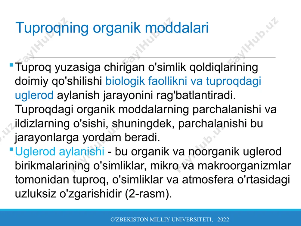 ishiga yordam beradigan gormonlar ishlab chiqarish. suvni ushlab turish. tuproq oziq zanjiri o'zbekiston milliy universiteti, 2022 organizmlar va ularning o'zaro ta'siri tuproq ekotizimining ko'plab funktsiyalarini kuchaytiradi va tuproq oziq tarmog'ini tashkil qiladi. barcha oziq tarmoqlari uchun zarur bo'lgan energiya asosiy ishlab chiqaruvchilar: atmosferadagi co2 ni uglevodlarga aylantirish uchun quyosh nuridan foydalanadigan o'simliklar, lishayniklar, moxlar, fotosintetik bakteriyalar va suv o'tlari tomonidan ishlab chiqariladi. boshqa organizmlarning aksariyati energiya va ozuqa moddalari uchun asosiy ishlab chiqaruvchilarga bog'liq, ular iste'molchilar deb ataladi. tuproq oziq zanjiri o'zbekiston milliy universiteti, 2022 tuproq biotasi qishloq xo'jaligi hosildorligi uchun ozuqa moddalari va suv mavjudligini belgilaydigan ko'plab tabiiy jarayonlarda muhim rol o'ynaydi. barcha tirik organizmlarning asosiy faoliyati o'sish va ko'payishdir. o'sayotgan ildizlar va o'simlik qoldiqlaridan olingan qo'shimcha mahsulotlar tuproq organizmlarini oziqlantiradi. o'z navbatida, tuproq organizmlari o'simliklarning sog'lig'ini qo'llab-quvvatlaydi, chunki ular organik moddalarni parchalaydi, ozuqa aylanishini tiklaydi, tuproq strukturasini yaxshilaydi va ekinlarning mahsuldorligi sharoitida foydali va zararli (zararkunandalar va patogenlar) …