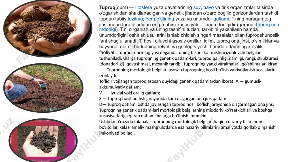 ri tarkibi, ularning nisbati va o ‘zaro ta’siri kabilar bilan bevosita bogiiqdir. tuproqning umumfizik xossalariga tuproq zichligi, tuproq qattiq qismining zichligi, g‘ovakligi, elektrligi va radioaktivligi kiradi. tabiiy holati saqlangan holda olingan, m aiu m hajmdagi tup­ roq ogirligiga uning zichligi deyiladi. u tuproq zarrachalari- ning bir-biriga nisbatan joylashishini, ularning katta-kichikligi va zichligini izohlaydi. tuproq qatlamining zichligi uning mexa­ nik va mineralogik tarkibiga, donadorligiga va organik moddalar miqdoriga bogiiq. tuproq zichligi g/sm 3 shoʻrlangan tuproqlar shoʻrlangan tuproqlar - tarkibida suvda oson eriydigan zararli tuzlar 0,1% yoki suvli soʻrimdagi quruq qoldiq miqdori 0,25% (0,3%)dan koʻp boʻlgan tuproklar. shoʻrlangan tuproqlar, asosan, quruq iqlimli mamlakatlar (pokiston, hindiston, xitoy, aqsh, oʻrta osiyo, janubiy amerika, afrika, avstraliya va boshqalar)da kattakatta maydonlarda, shuningdek, shoʻrlanmagan tuproqlar orasida esa, kichikroq massivlarda dogʻ qoʻrinishida tarqalgan. oʻrta osiyo, janubiy qozogʻistondagi sugʻoriladigan maydonlarning yarmidan ortigʻi, oʻzlashtiriladigan yerlarning 75— 80%ga yaqini turli darajada shoʻrlangan. tuproqning shoʻrlanganlik darajasi zararli tuzlarning umumiy miqdoriga koʻra (gips, …