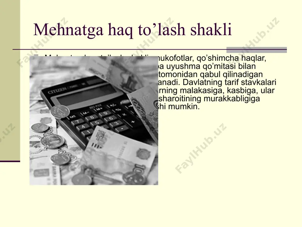 i tugamasdan turib mehnat shartnomasi bekor qilinganda ta’tilning ishlanmagan davriga tegishli kunlari uchun. ana shu kunlar uchun haq xodimning o’qishga kirganligi yoki pensiyaga chiqqanligi munosabati bilan bekor qilinganda ushlab qolinmaydi; d) xodim tomonidan ish beruvchiga yetkazilgan zararni qoplash uchun, agar yetkazilgan zararning miqdori xodimning o’rtacha oylik ish haqidan ortiq bo’lmasa; e) mehnat intizomini buzganligi uchun o’rtacha oylik ish haqining 20 % idan oshmagan miqdorda jarima. ish haqini to’lash vaqtida ushlab qolinadigan ushlanmalarning umumiy miqdori xodimga tegishli bo’lgan mehnat haqining ellik foizidan ortib ketmasligi kerak. mehnatga haq to’lash bo’yicha qilingan xarajatlar yuqorida ko’rsatilgan mehnatga haq to’lash bo’yicha qilingan xarajatlarning barchasi xarajatlar tarkibi to’g’risidagi nizomga binoan mahsulot (ish va xizmat)lar tannarxiga kiritiladi yoki davr xarajatlariga o’tkazilib, keyin har oyda hisobot davri foydasini kamaytirishga yo’naltiriladi. mehnat haqi fondidan foydalanish ustidan nazoratni asosan korxona rahbari olib boradi. 2002-yilning 1-oktabridan boshlab, mulkchilik shaklidan qat’iy nazar, korxonalar va tashkilotlarning mehnatga haq to’lashga yo’naltiriladigan mablag’larini davlat tomonidan …
