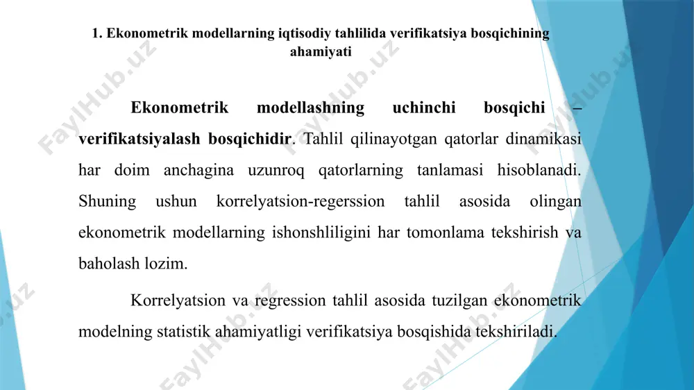 hun olinayotgan va qayta ishlanayotgan statistik ma'lumotlarni tekshirishni talab etadi. bu jarayon verifikatsiya deb yuritiladi. “ishon, biroq tekshirib ol” mazmunida naql bor. verifikatsiya termini lotincha so'zdan olingan bo'lib, ikki so'zdan tarkib topgan. birinchisi xaqiqat, ikkinchisi amalga oshirmoq ma'nosini beradi. verifikatsiya termini qabul qilingan ma'lumotlarni ishonchli manbalarga (qonun, me'yoriy xujjatlar, xisobot) qarab tekshirilishi kuzatilishi mumkin bo'lgan xatolarning oldini oladi. amaliyotda ushbu termin kriminalistikada, ishlab chiqarish sohasida, dasturlash tizimida, fan va ko'pgina boshqa sohalarda qo'llaniladi. modellarni verifikatsiyalash modellarni verifikatsiyalash – uning realligi, adekvatligini tekshirish tushiniladi. model ma'lumotlari iqtisodiy rivojlanish yo'nalishlari va tendentsiyalarini hamda qonuniyatlarini aniqlashga yordam beradi. shuning modelni qurish uchun olingan ma'lumotlarni tekshirish lozim bo'ladi. modelni verifikatsiyalash – u yoki bu bu sabalar bilan modelning adekvatligini tekshirish imkoniyati bo'lmasa,barcha mavjud ma'lumotlardan foydalangan xolda modelning ishonchligi va to'liqligi, funktsional aniqligi baxolanadi. modelning nazariy ma'lumotlari uning amaldagi ma'lumotlari bilan taqqoslanadi. verifikatsiya usullari bevosita verifikatsiyalash, u yoki bu prognoz modelidan foydalanilgan xolda o‘rganilayotgan ob’ekning …