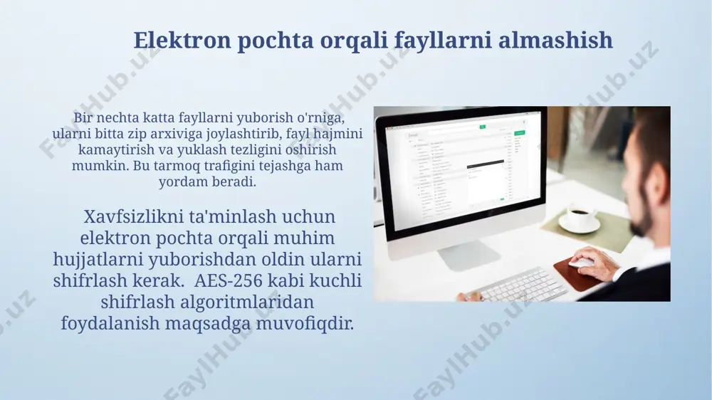 ingizni yetkazilmasligiga olib kelishi mumkin. qidiruv va filtrlash vositalaridan foydalanish elektron pochta mijozlaringizdagi qidiruv paneli yordamida 2010-yildan keyingi xabarlarni "loyiha" so'zi bilan filtrlashingiz mumkin, bu esa kerakli ma'lumotlarni tezroq topish imkonini beradi. outlook'da "advanced search" funksiyasi orqali 1000 dan ortiq xabarlar orasidan sana oralig'i, biriktirilgan fayl turi va muallif kabi parametrlar bo'yicha aniq filtrlashni amalga oshirishingiz mumkin. elektron pochta xavfsizligi shifrlash texnologiyalari, masalan, tls/ssl protokoli, elektron pochta xabarlaringizni noqonuniy kuzatishdan himoya qiladi va ma'lumotlaringizning maxfiyligini 128 bitgacha kalit uzunligi bilan ta'minlaydi. fishing hujumlaridan saqlanish uchun elektron pochta xabarlarining manzilini, yozuv uslubini va ulardagi havolalarni ehtiyotkorlik bilan tekshirib, shubhali xabarlarni darhol o'chirib tashlang, bu 80% gacha firibgarlik urinishlarini oldini oladi. elektron pochta axloqi va madaniyati elektron pochta xabarlarida mavzu satrini aniq va qisqa (maksimal 50 belgidan oshmasligi kerak) yozish, o'quvchining e'tiborini jalb qilish va xabarning ahamiyatini ko'rsatish uchun muhimdir. elektron pochta orqali 5 dan ortiq odamga bir vaqtning o'zida xabar yuborishdan …