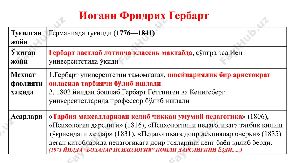 синфларда қўлланилади. ўқитувчи янги материални баён қилар экан, уни тасвирлаб бериш билан чекланиб қолмайди, балки умумий хулосалар чиқаради, ўқувчиларга бўлак-бўлак ҳолда маълум бўлган, уларнинг онгида бир-биридан алоҳида-алоҳида турган турли тасаввурларни бир бутун ҳолга келтириб, тадбиқ қилади. гербарт синтетик таълимга катта аҳамият беради. гербарт ахлоқий тарбиянинг ўзига хос воситалари қаторида қуйидагиларни кўрсатиб ўтади 1. тарбияланувчини тийиб туриш (болани бошқариш, уни итоаткор бўлишга ўргатиш — бу воситага хизмат қилади). болалар учун хатти-ҳаракат чегараларини белгилаб қўйиш керак. 2. болани белгилаб олиш, яъни уни шундай шароитга қўйиш керакки, бу шароитда у «қулоқ солмаслик оғир кечинмаларга олиб келишини» фақат тарбиячининг кўрсатмаларидангина эмас, балки шу билан бирга ўз тажрибасидан ҳам тушуниб оладиган бўлсин. 3. хулқнинг аниқ қоидаларини белгилаб қўйиш. 4. тарбияланувчининг кўнглида «осойишталик ва равшанлик» бўлишини таъминлаб туриш, яъни «тарбияланувчида ҳақиқатга нисбатан шубҳа туғилиши» учун асос бермаслик. 5. маъқуллаш ва сазо бериб туриш йўли билан боланинг кўнглини «тўлқинлантириб» туриш. 6. болани «хабардор» қилиб туриш, яъни унинг …