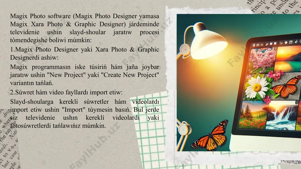 dtı tekstli túsinikler menen toltırıw yaki hawazlı túsinikler kirgiziw arqalı waqıya yaki magliwmatlardı anıq hám sistemalı usınıw múmkin. slayd-shou ushin gúrriń qosıw: "voiceover" yaki "narration" funkciyasınan paydalanıp, slaydlarga hawazli túsinikler yaki túsindiriwler kirgiziwińiz múmkin. photo by anjali mehta on unsplash 3. vizual effektler hám filler: kóbirek vizual effektler qosıw: televidenie ushin tayarlangan slayd-shoular vizual jaqtan qızıqlı boliwi kerek. "effects" bóliminen paydalanıp, súwretlerge yaki videolarga hár túrli filtr qosıwınız múmkin (máselen, jaqtılıqtı ózgertiw, sepia, mozaika, yamasa basqa estetikalıq effektler). jaģdayga say animaciyalar: slayd-shoulardı interaktiv etiw ushin súwretler yaki tekstti joqarıdan tómenge yaki qaptal tárepten jiljıtıw sıyaqlı animaciyalardı qollanıw múmkin. 4. aralıqtan ótiwler hám keńeytilgen ótiw effektleri: ótiw effektleri: hárbir slaydtıń ortasında ótiw effektlerin jaratıw, máselen, "fade," "wipe," "slide," "zoom" hám basqalar járdeminde slaydlar arasında jumsaq ótiwler jaratıw múmkin. aralıqtan ótiwler: eger slayd-shouda kóbirek vizual dinamikanı kórsetiwdi qáleseńiz, aralıqtan ótiwlerdi (máselen, slaydtıń baslanıwı hám aqırı arasında aralıqtan háreket) qollanıw múmkin. 5. multimedia …