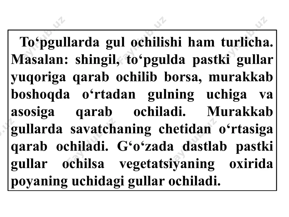 a chang o‘sib kiradi. agar gul 1 ta urug‘ kurtak hosil qilsa 1 ta chang, ko‘p urug‘ kurtak hosil qilsa ko‘p chang o‘sib kiradi. urug‘ kurtakka yetib kelgan chang nayi urug‘kutrak qopchasida yorilib 2 ta sperma hosil qiladi. bu spermaning bittasi tuxum hujayrani otalantirsa, ikkinchisi markaziy hujayrani otalantirardi. . bu hodisa bir vaqtning o‘zida parallel ro‘y beradi. shuning uchun bu jarayon qo‘sh urug‘lanish jarayoni deyiladi. bu jarayon yopiq urug‘li o‘simliklar uchun xos bo‘lib boshqa o‘simliklarda kuzatilmaydi. tumshuqchaga tushgan changning urug‘ kurtakka yetib borishi turlicha bo‘ladi. masalan: qoqio‘tda 15-45 minut, zubturumda 3-4 soat, guruchda 12-14 soat, qayinda bir necha oy, emanda 12-14 oy gacha boradi. savollar: o‘simliklarda gullash davri qanday kechadi? changlanish jarayoni deganda nimani tushunasiz? urug‘lanish jarayoni nima? gibrid avlod deganda nimani tushunasiz? qo‘sh urug‘lanish jarayoni nima? image1.jpeg /docprops/thumbnail.jpeg