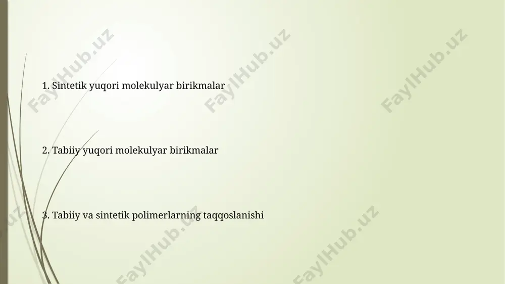 umkin. kauchuklar va rezinalar tabiiy kauchukning molekulyar massasi 100,000 dan 5,000,000 gacha bo'lishi mumkin, bu uning elastikligi va kuchliligini belgilaydi. vulkanizatsiya jarayoni kauchuk zanjirlarini oltingugurt ko'priklari bilan bog'lash orqali rezina hosil qilishda ishtirok etadi, bu jarayonning samaradorligi 1-8% oltingugurt miqdoriga bog'liq. ekologik muammolar va kelajak istiqbollari tabiiy polimerlarning biodegradasiyasi sintetik polimerlarga nisbatan 10-100 baravar tezroq boʻlib, atrof-muhitni ifloslanishdan himoya qilishda muhim ahamiyatga ega. 2050-yilga kelib, dunyo okeanlarida baliqdan koʻra koʻproq plastik boʻlishi taxmin qilinmoqda, bu esa oziq-ovqat xavfsizligi va suv resurslarining sifati uchun jiddiy tahdiddir. sintetik polimerlarning turlari va xossalari sintetik polimerlarning bir turi bo'lgan polietilen (pe) yuqori zichlikli (hdpe) va past zichlikli (ldpe) turlarga bo'linadi, ularning zichligi mos ravishda 0,94-0,97 g/sm³ va 0,91-0,93 g/sm³ ni tashkil etadi, bu esa ularning mexanik xossalariga ta'sir qiladi. polipropilen (pp) ning erish harorati taxminan 160-170°c bo'lib, u yengil, bardoshli va kimyoviy moddalarning ko'pchiligiga chidamli, shuningdek qayta ishlashga yaxshi mos keladigan material hisoblanadi. polietilen …