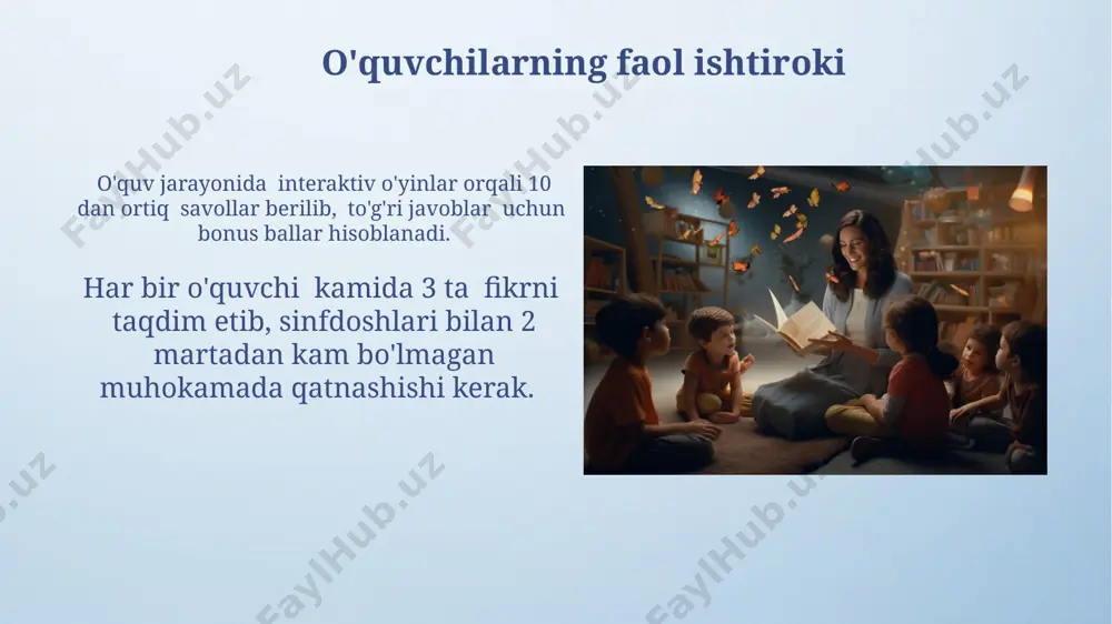 a a'zolarining o'zaro munosabatlarini o'rganishda psixologiya va sotsiologiya fanlari kabi 2 ta asosiy ilmiy yo'nalishlarning nazariyalari va tadqiqot uslublaridan foydalaniladi, bu esa oilaviy muammolarni tushunish va hal qilishga yordam beradi. oilaviy munosabatlarning 5 ta asosiy turi – demokratik, avtoritar, liberal, an'anaviy va ehtiyotkor turlari mavjud bo'lib, har bir turdagi oila a'zolari orasidagi munosabatlar, qaror qabul qilish uslublari va o'zaro munosabatlar dinamikasi farq qiladi. mas'uliyat va huquqlar haqida hikoyalar “mas’uliyat va huquqlar haqida hikoyalar” to‘plamida 5 dan ortiq hikoya mavjud bo‘lib, ular bolalarga 7 yoshdan boshlab oiladagi mas’uliyat va huquqlar tushunchalarini sodda va qiziqarli tarzda tushuntirishga qaratilgan. har bir hikoyada o‘rtacha 100-150 so‘z ishlatilgan bo‘lib, bu yosh o‘quvchilar uchun tushunarli va qiziqarli bo‘lishiga yordam beradi. unda 2-3 ta asosiy qahramon va ularning muammolariga echim topishga oid voqealar aks ettirilgan. oila kutubxonasi tushunchasi oila kutubxonasining ta'siri 2 yo'nalishda: bolalarning o'qishga bo'lgan qiziqishini 10% ga oshirish va ularning lug'at boyligini 20% ga kengaytirish …